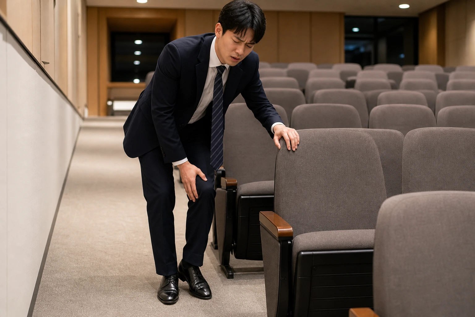 강당 좌석 옆에서 의자 등받이를 짚고 한쪽 무릎을 감싼 환자