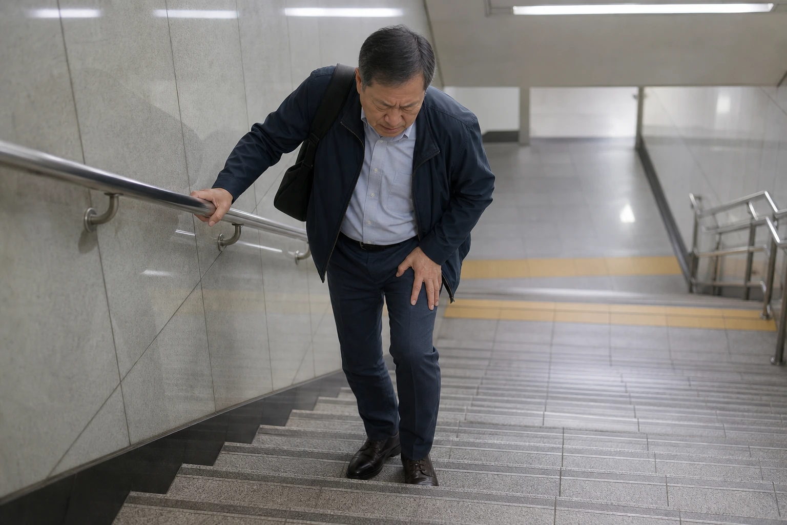 대퇴신경통으로 지하철 계단을 오르다 허벅지가 저리고 아파 난간을 잡은 환자