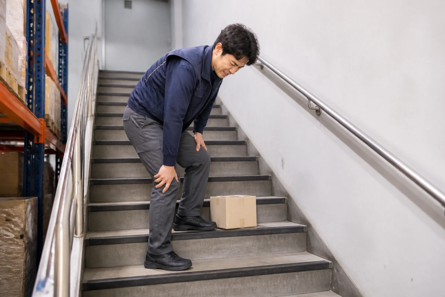 상자가 놓인 계단에서 허벅지와 무릎 부근을 짚고 서 있는 모습