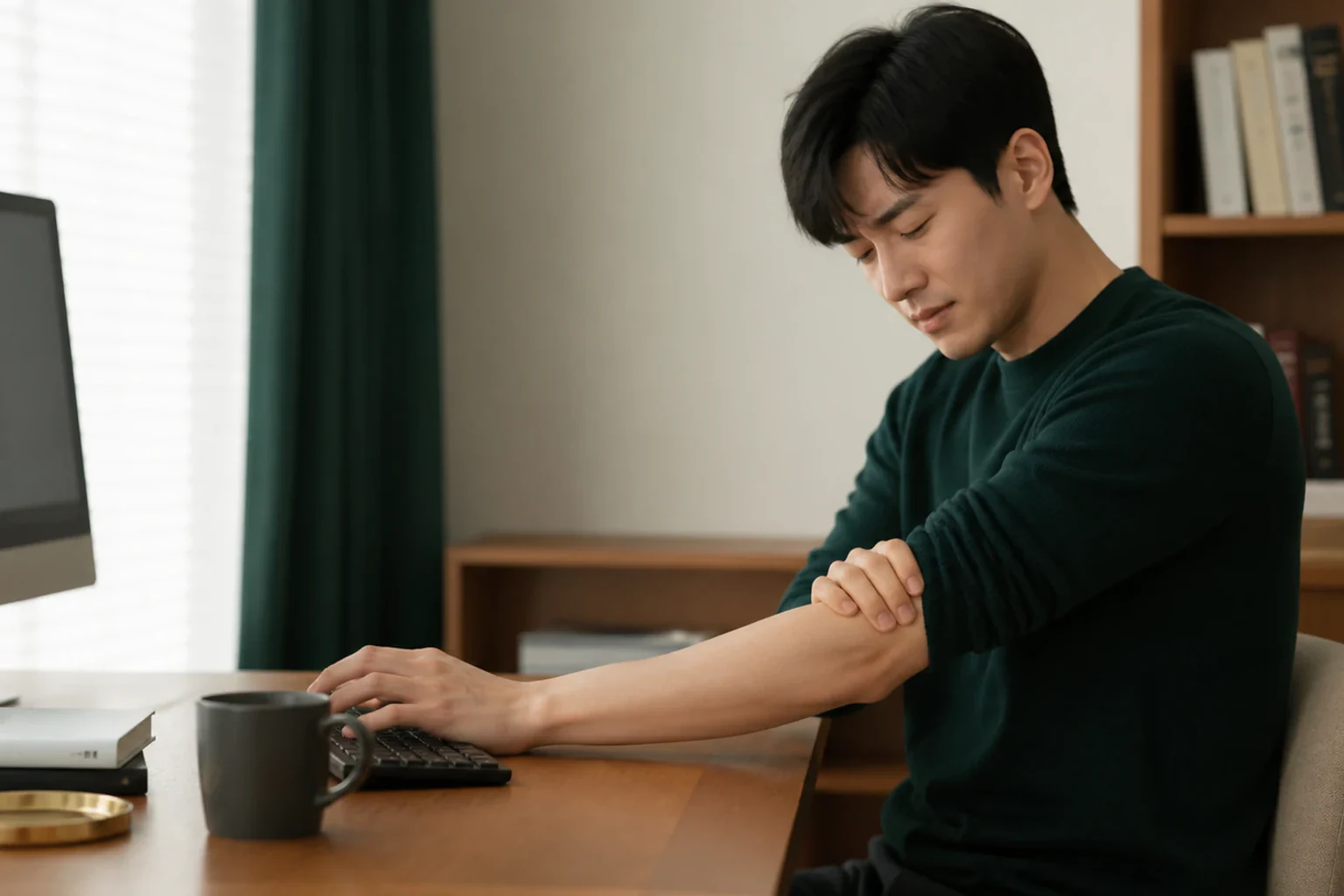 팔 근막통증으로 컴퓨터 업무 중 팔이 뻐근해 마우스를 놓고 쉬는 환자