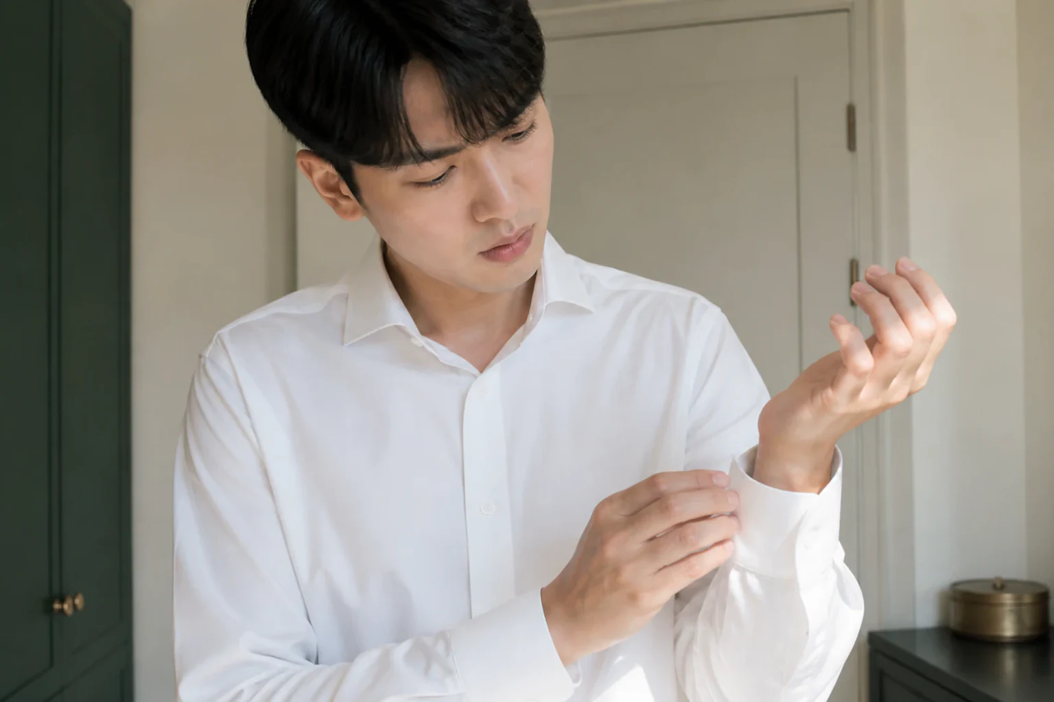 팔저림으로 업무 중 손끝까지 저린 팔을 바라보며 움직임을 멈춘 환자