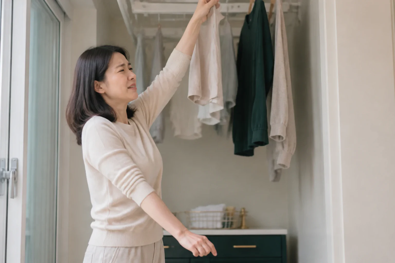 흉곽출구증후군으로 옷장 위쪽에 손을 뻗다 팔이 저려 동작을 멈춘 환자
