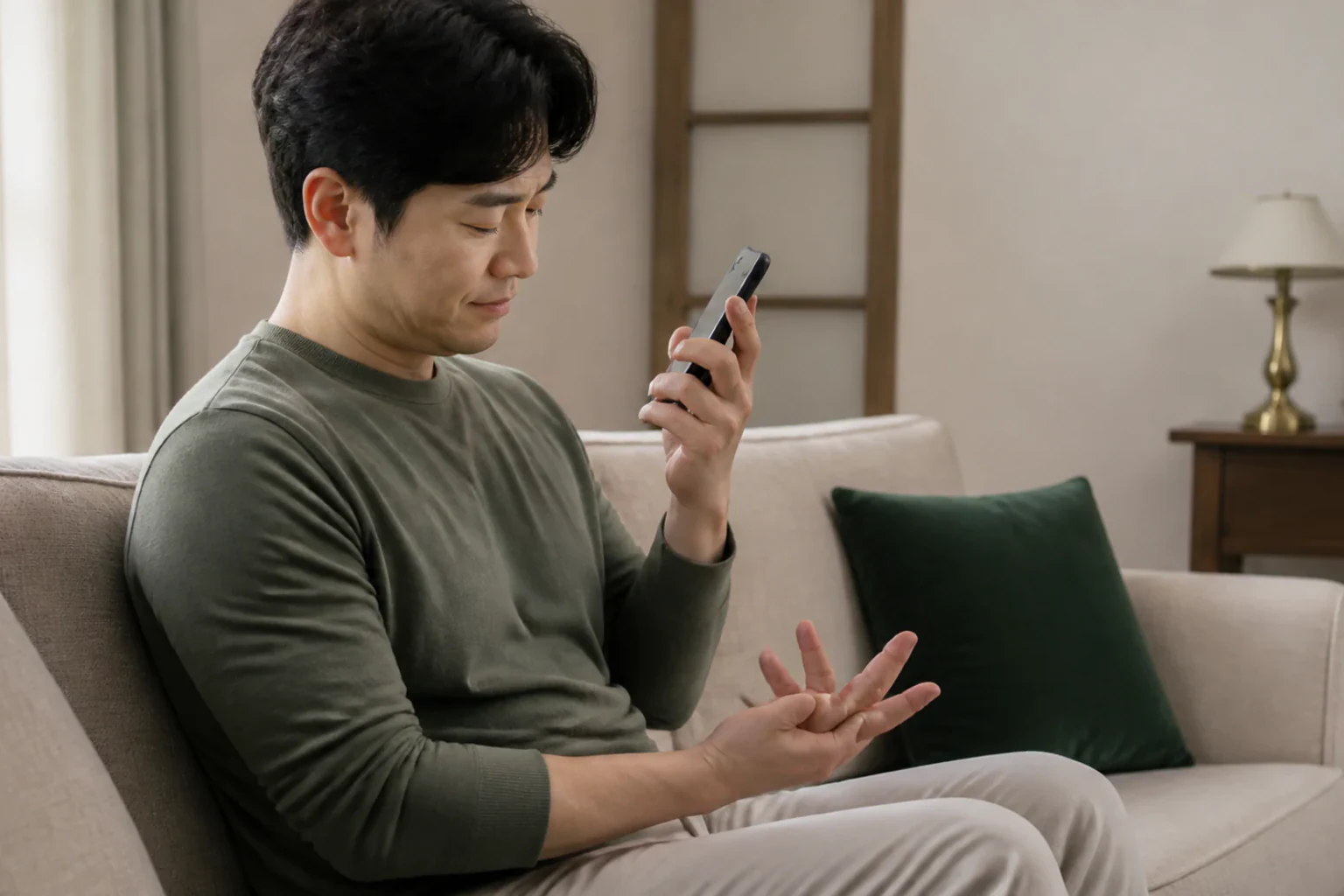 팔꿈치터널증후군으로 소파에서 휴대전화를 보다 손이 저려 팔을 펴는 환자
