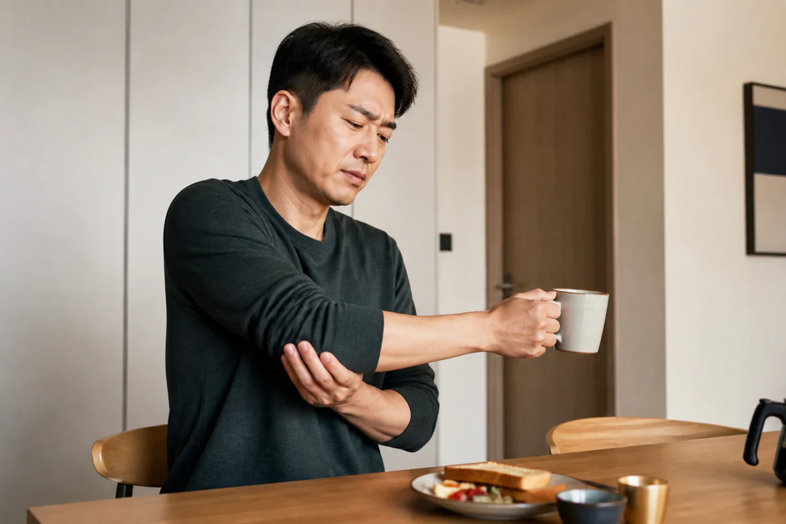 팔꿈치 통증으로 식사 중 컵을 들다가 팔꿈치가 아파 내려놓는 환자