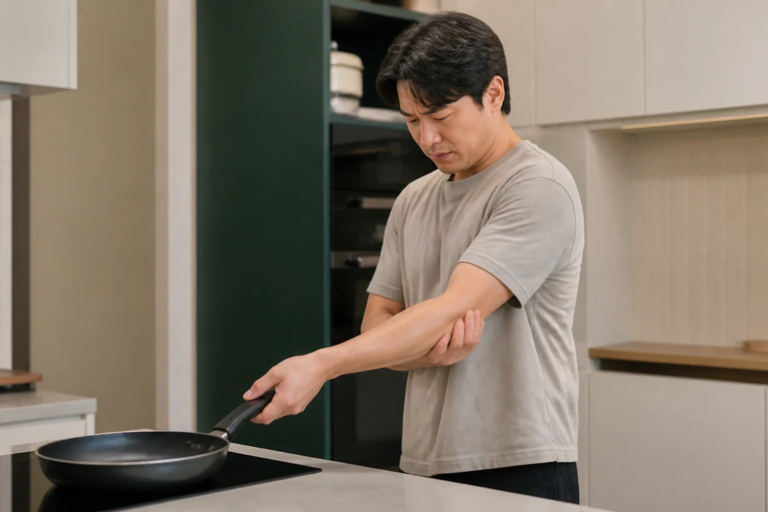 테니스엘보로 요리 중 프라이팬을 들다 팔꿈치 바깥쪽이 아파 내려놓는 환자