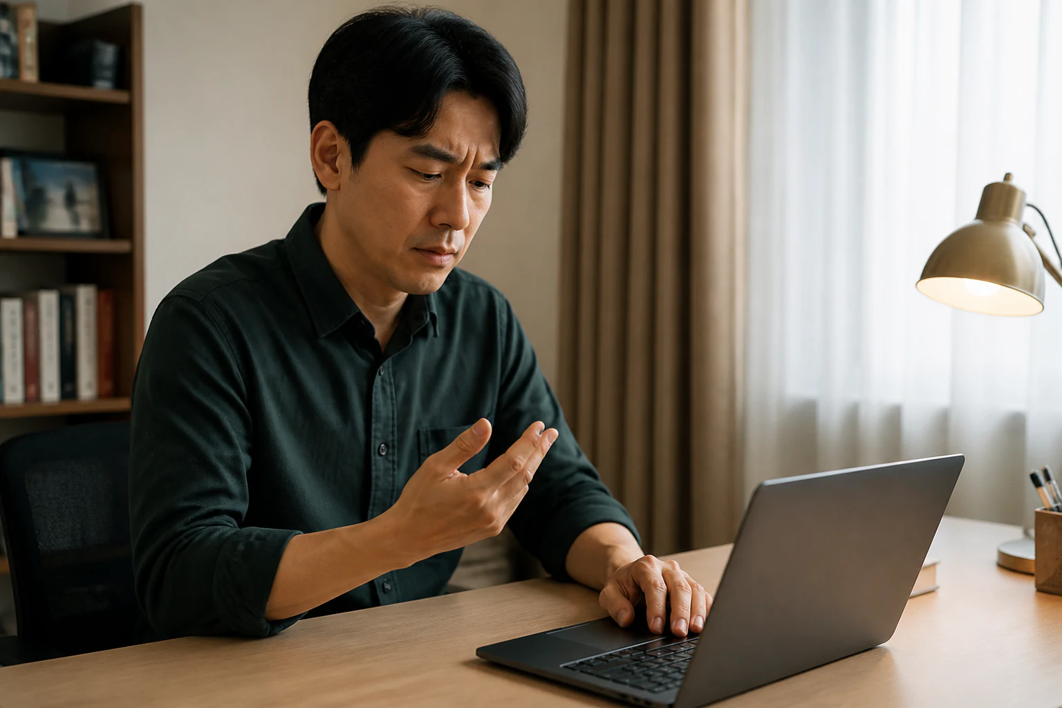 손가락염좌로 노트북 업무 중 손가락이 아파 키보드 입력을 멈춘 환자