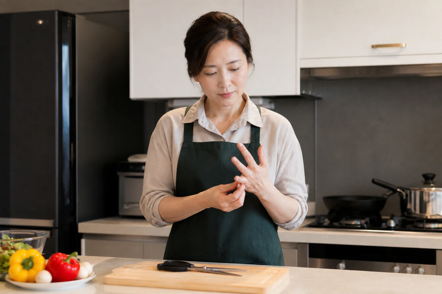 손가락건초염으로 요리하다 손가락이 아파 칼질을 멈춘 환자
