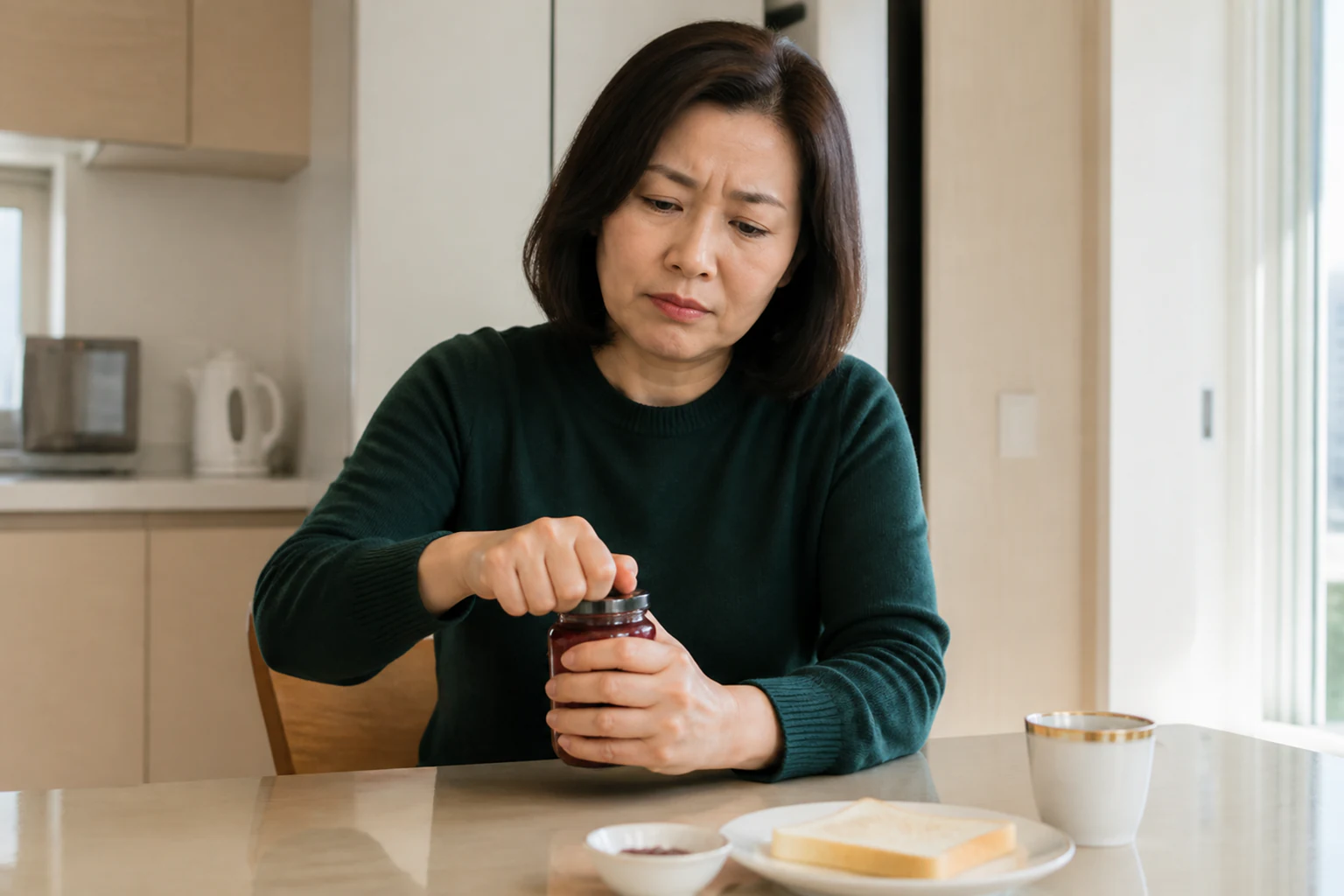 손 통증으로 아침 식사 준비 중 병뚜껑을 열다가 아파 멈춘 환자