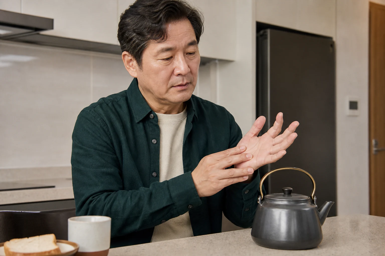 방아쇠수지로 아침 식사 준비 중 주전자를 들다 손가락이 걸려 내려놓는 환자