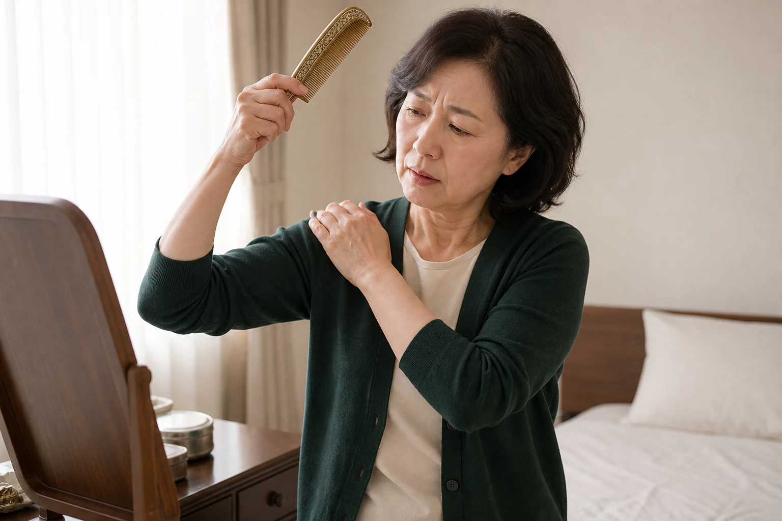 회전근개질환으로 머리를 빗다가 어깨가 아파 팔을 내리는 환자