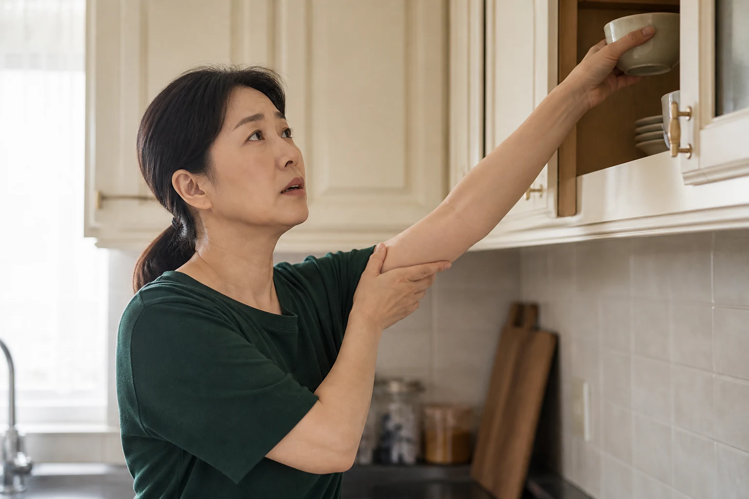 어깨 통증으로 주방 높은 찬장에 손을 뻗다 어깨가 아파 멈춘 환자