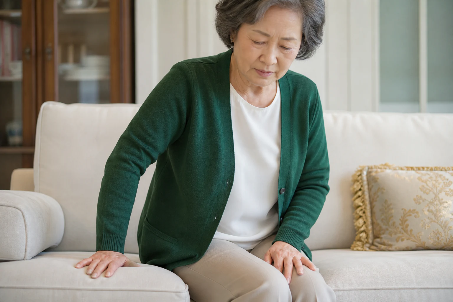 손목관절염으로 소파에서 일어서며 손을 짚다 손목이 아파 멈춘 환자