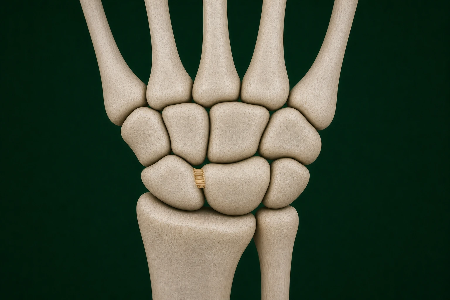 정확한 수근골 배열에서 주상골과 월상골 사이의 짧은 인대 염좌를 보여 주는 의료 3D 이미지