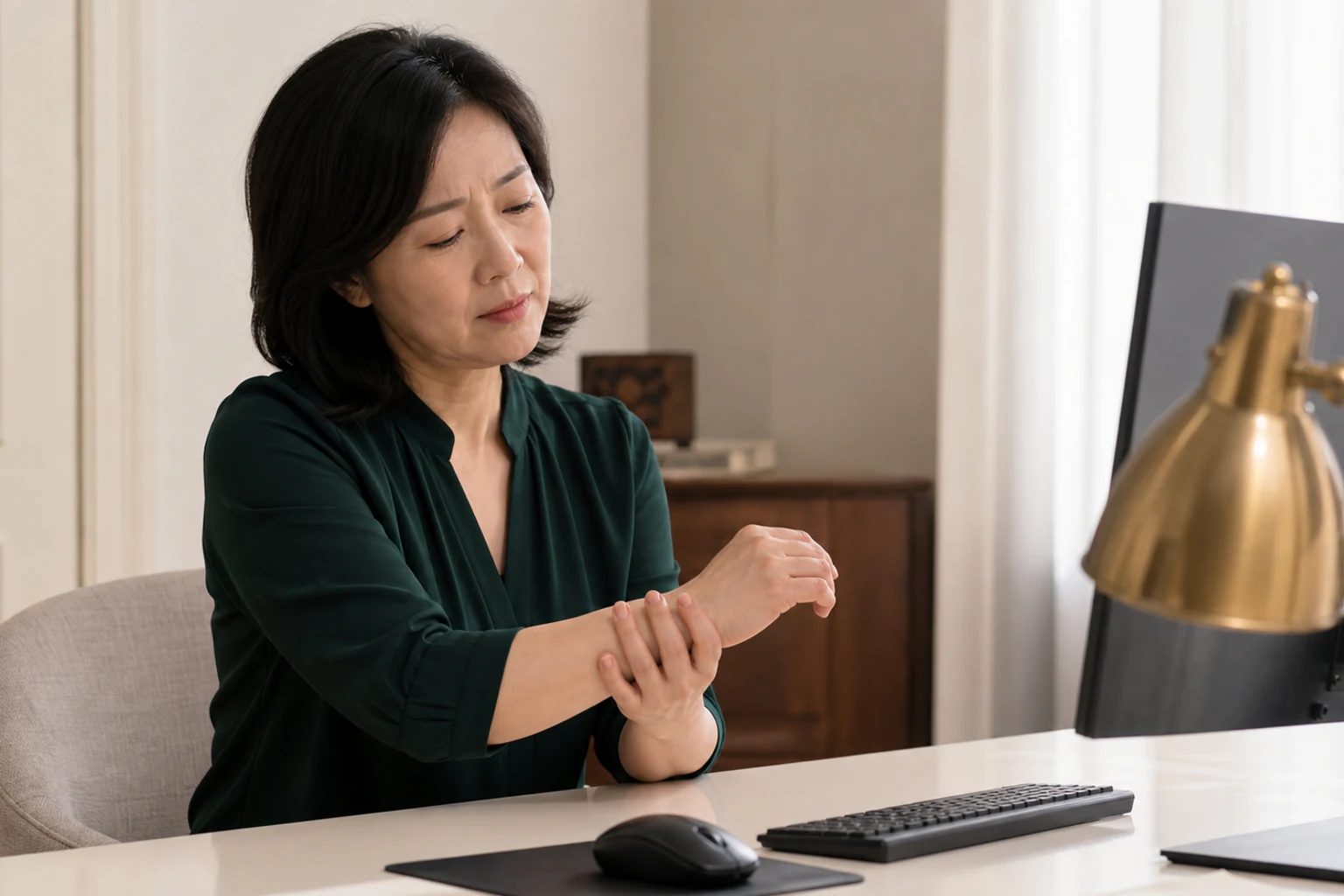 손목건초염으로 컴퓨터 업무 중 손목이 아파 마우스를 놓고 쉬는 환자