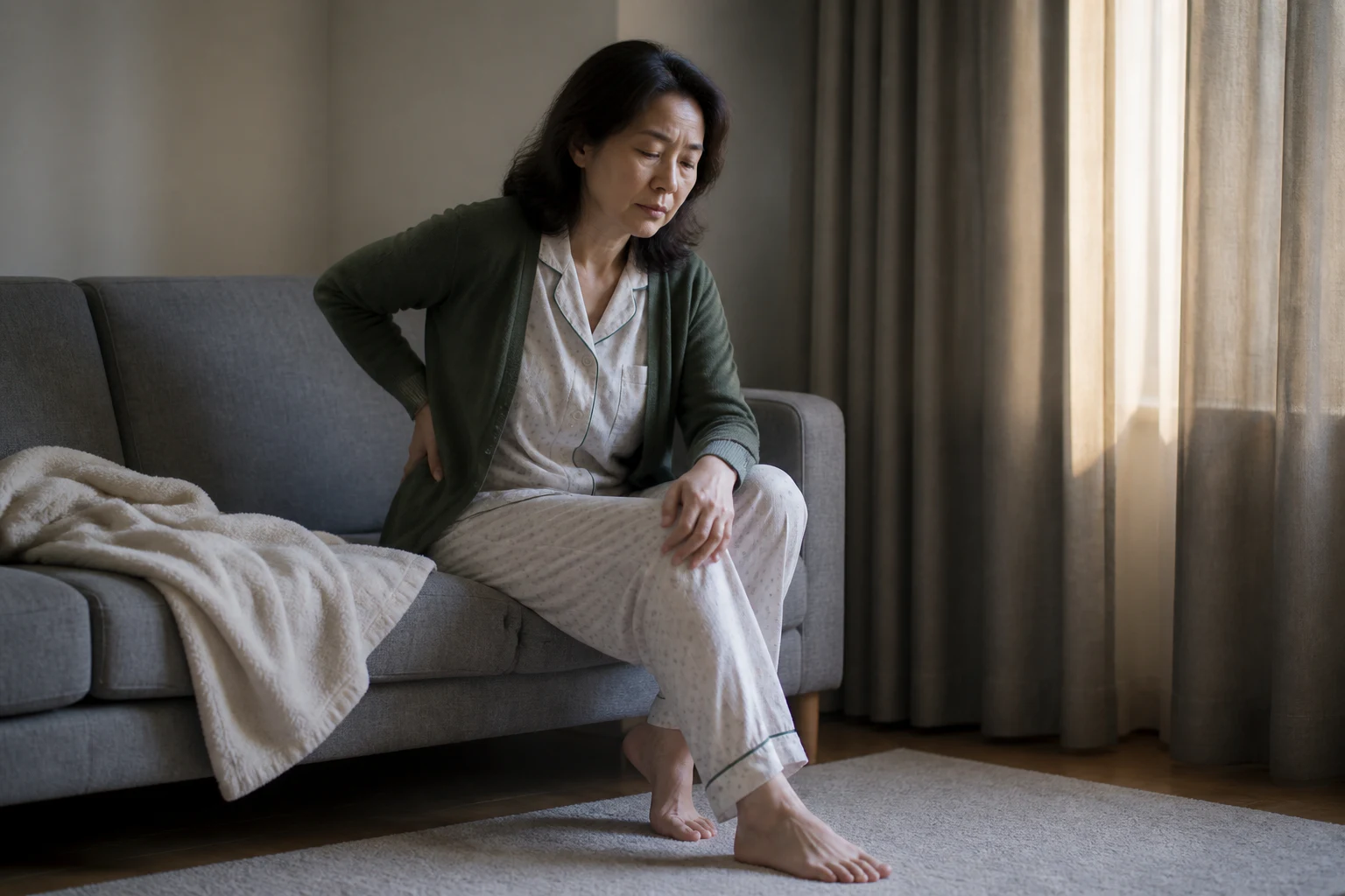 만성통증증후군으로 아침에 침대에서 일어나다 온몸이 아파 움직임을 멈춘 환자