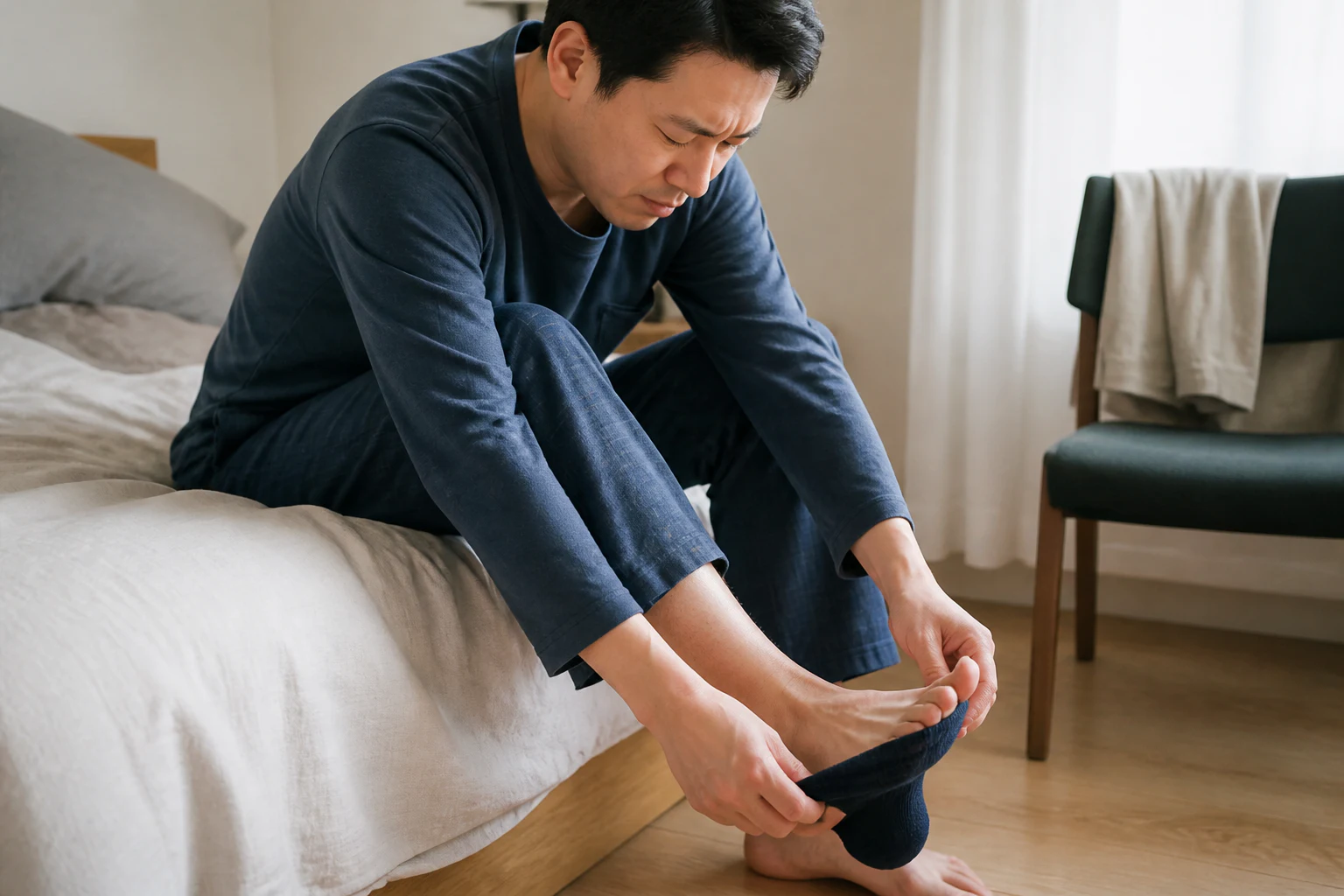 통풍으로 아침에 양말을 신다가 엄지발가락이 아파 멈춘 환자