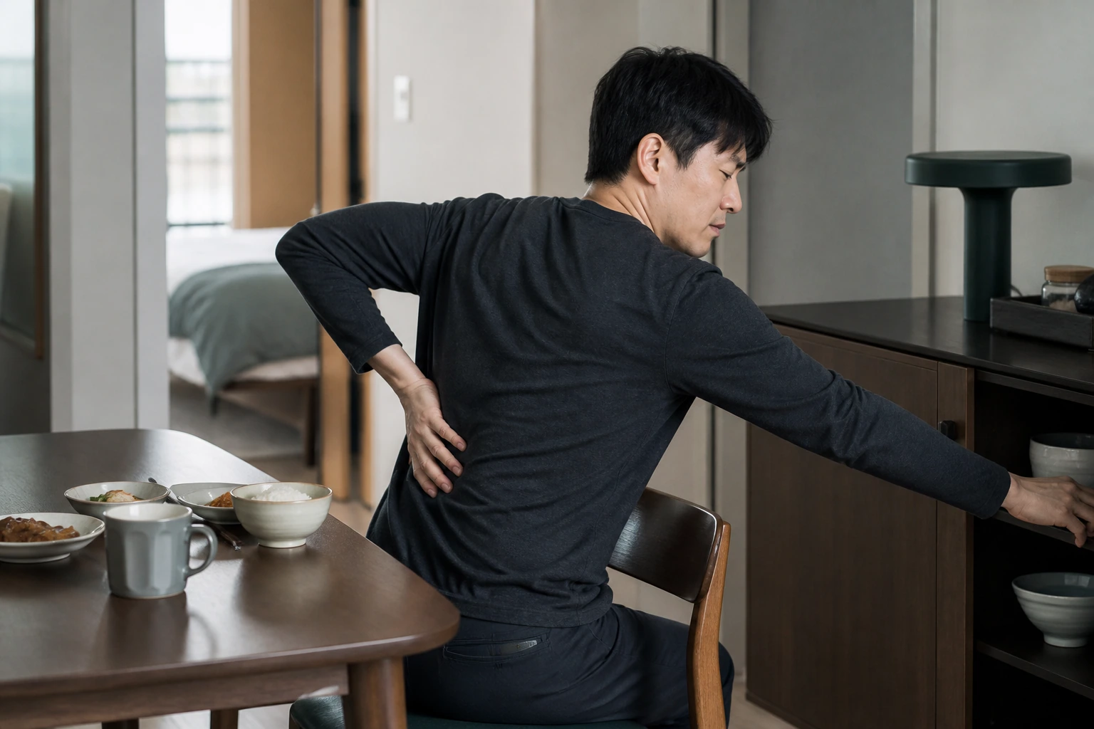 흉추디스크로 식탁에서 뒤쪽 찬장에 손을 뻗다 등이 아파 멈춘 환자