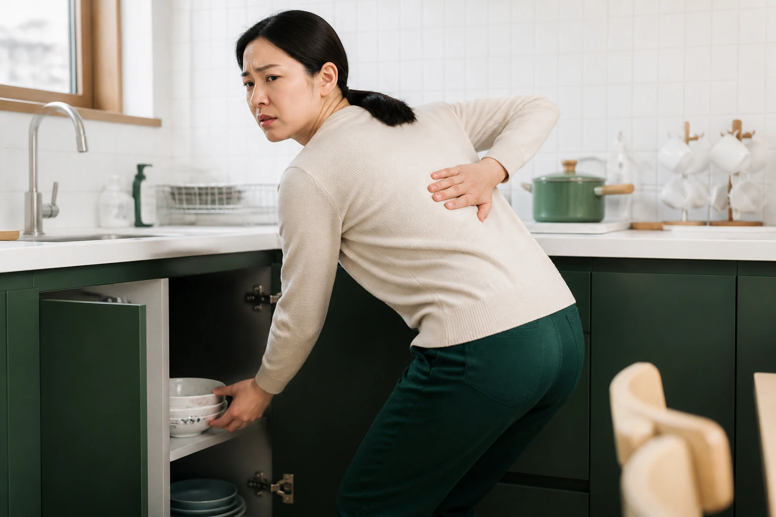 흉추통증으로 주방 낮은 찬장에서 물건을 꺼내다 등이 아파 멈춘 환자