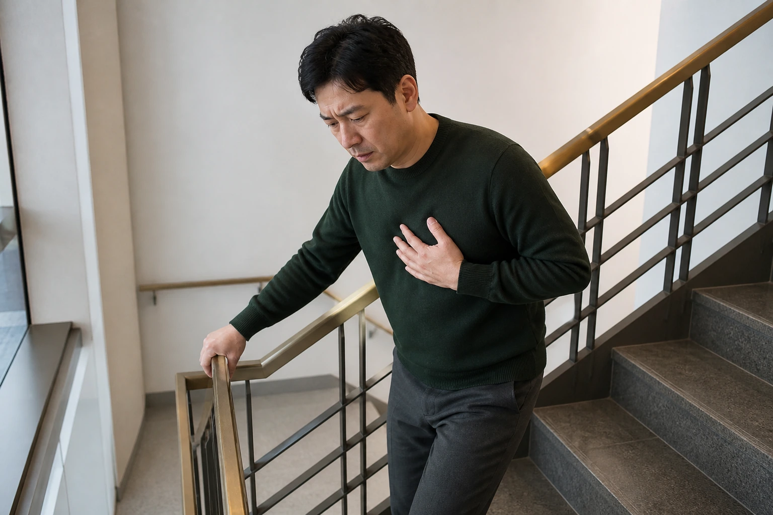 가슴 통증으로 계단을 오르다 가슴이 아파 난간을 잡고 걸음을 멈춘 환자