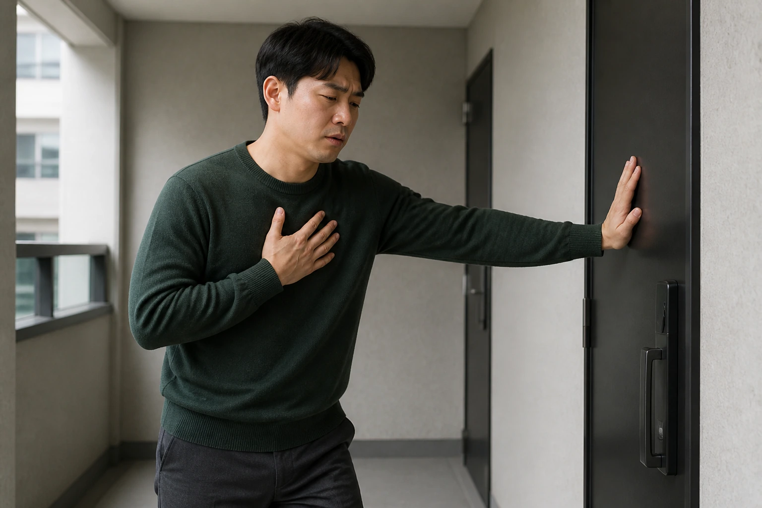 흉벽통증으로 외출하려다 가슴 벽이 아파 문을 짚고 멈춘 환자