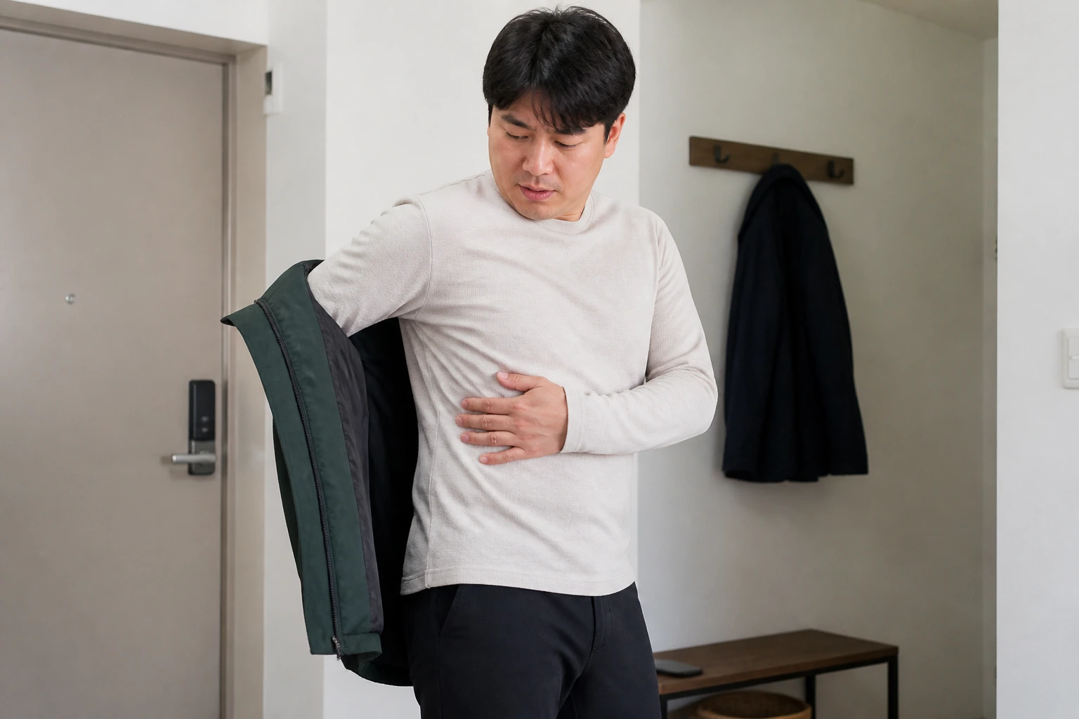 늑간신경통으로 외출 전 재킷을 입다 옆가슴이 찌릿해 동작을 멈춘 환자