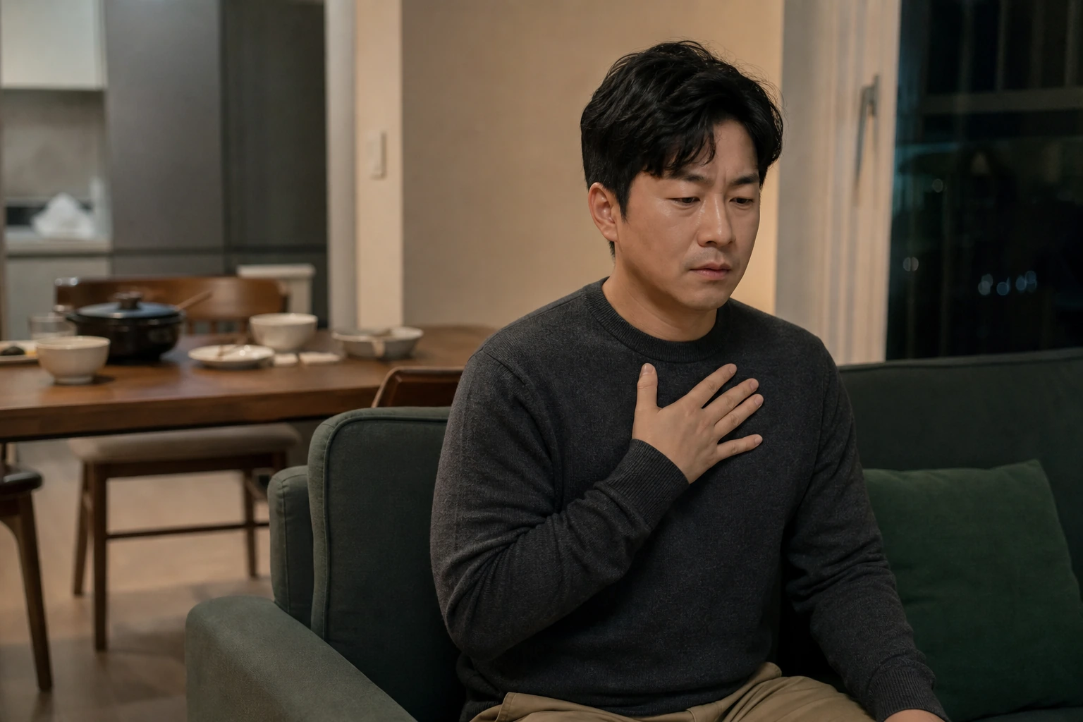 비심장성 흉통으로 거실 소파에 앉아 반복되는 가슴 통증을 걱정하는 환자