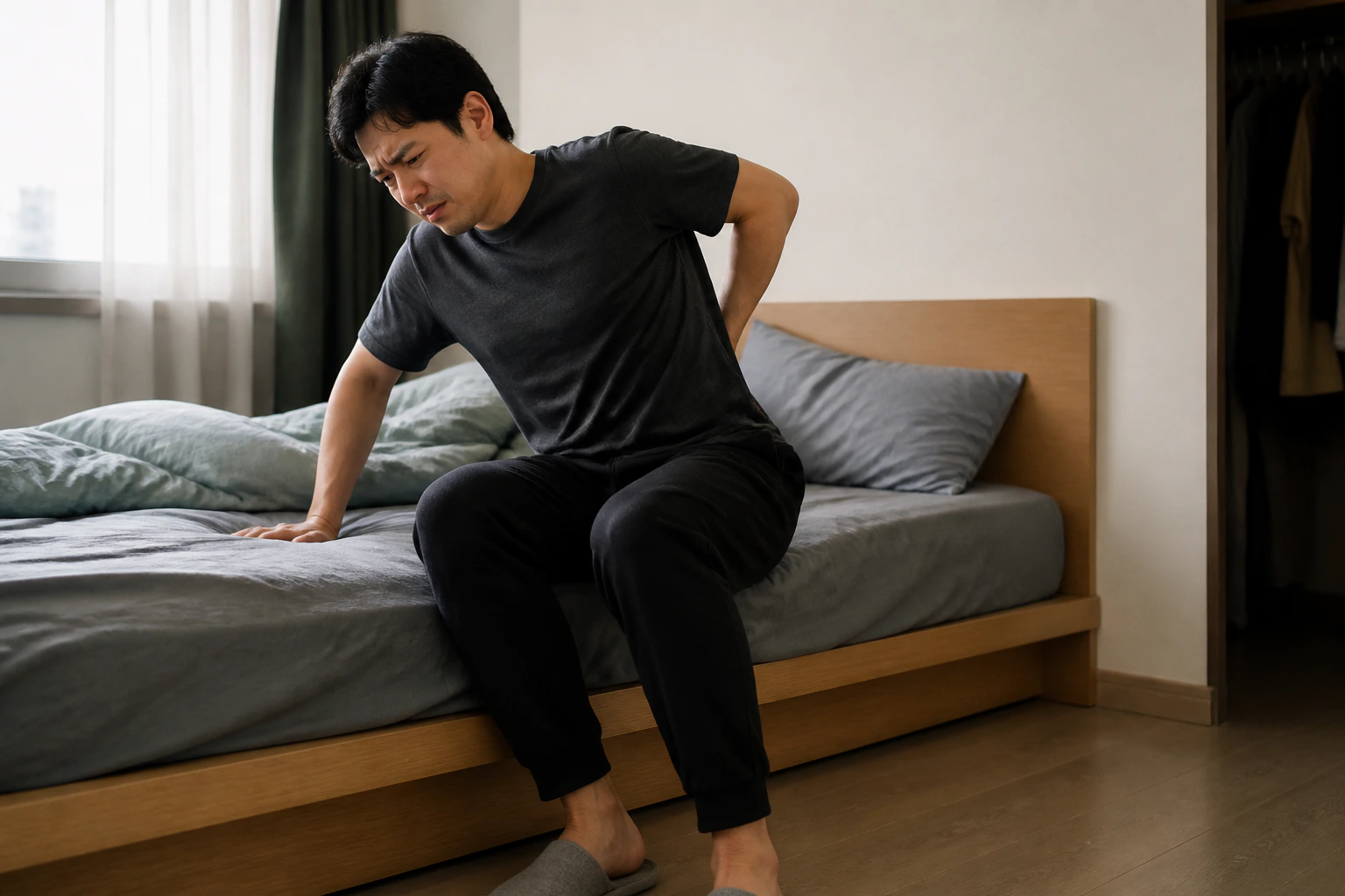 급성요추염좌로 아침에 침대에서 일어서다 허리가 아파 움직임을 멈춘 환자