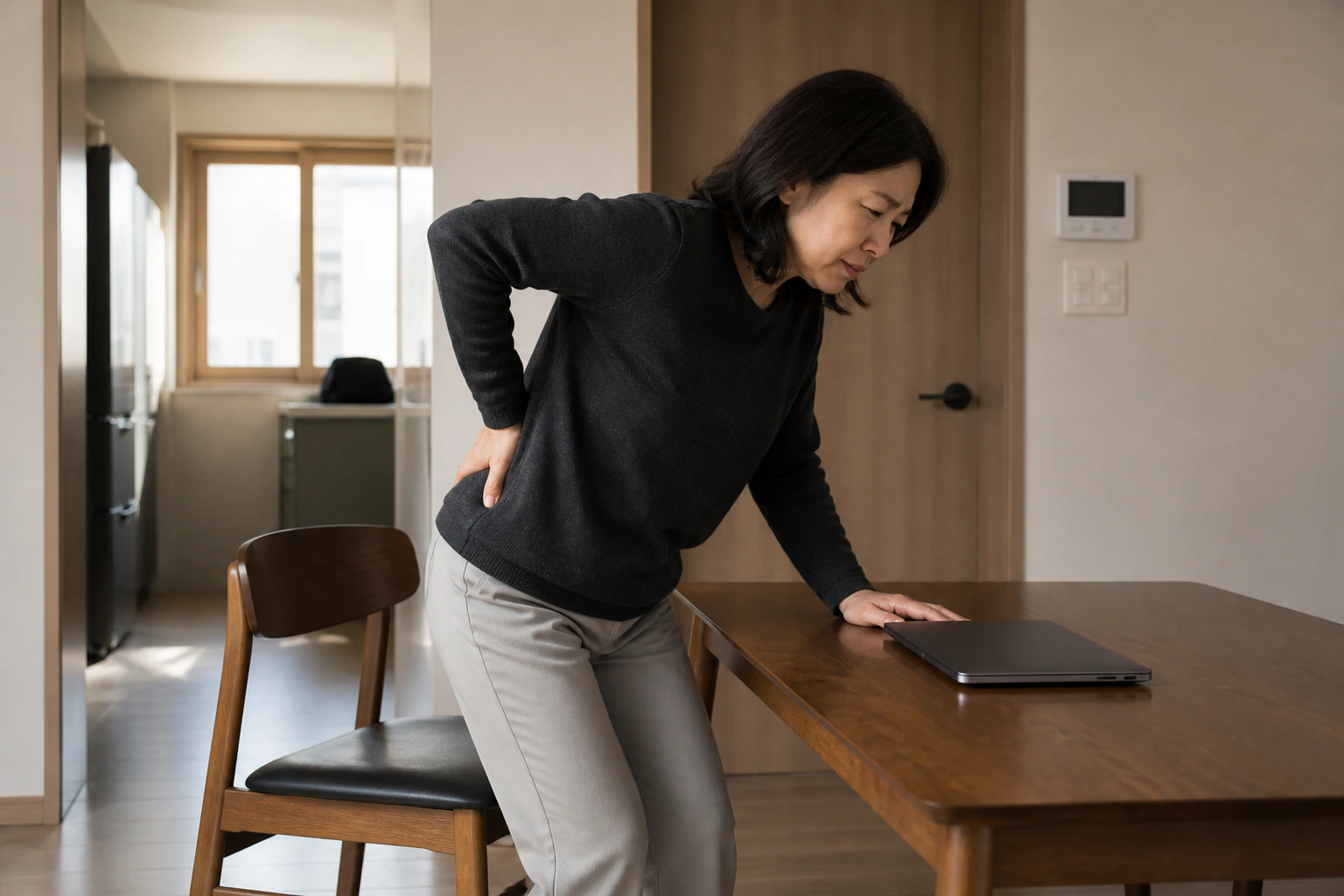 만성요통으로 식탁 업무 뒤 일어서다 허리가 아파 책상을 짚는 환자