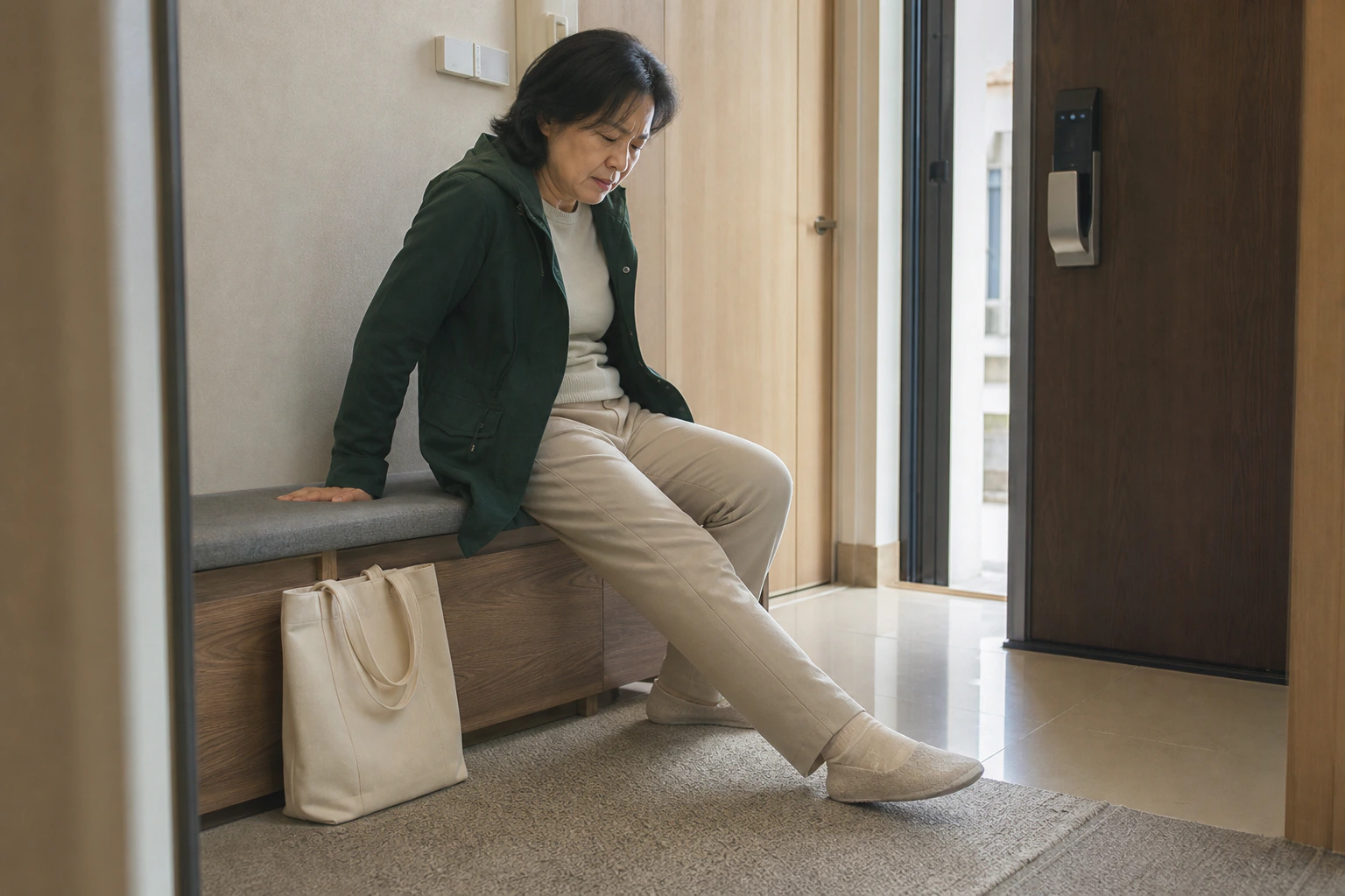 좌골신경통으로 퇴근 후 현관에서 신발을 벗다 엉덩이와 다리가 저려 앉은 환자