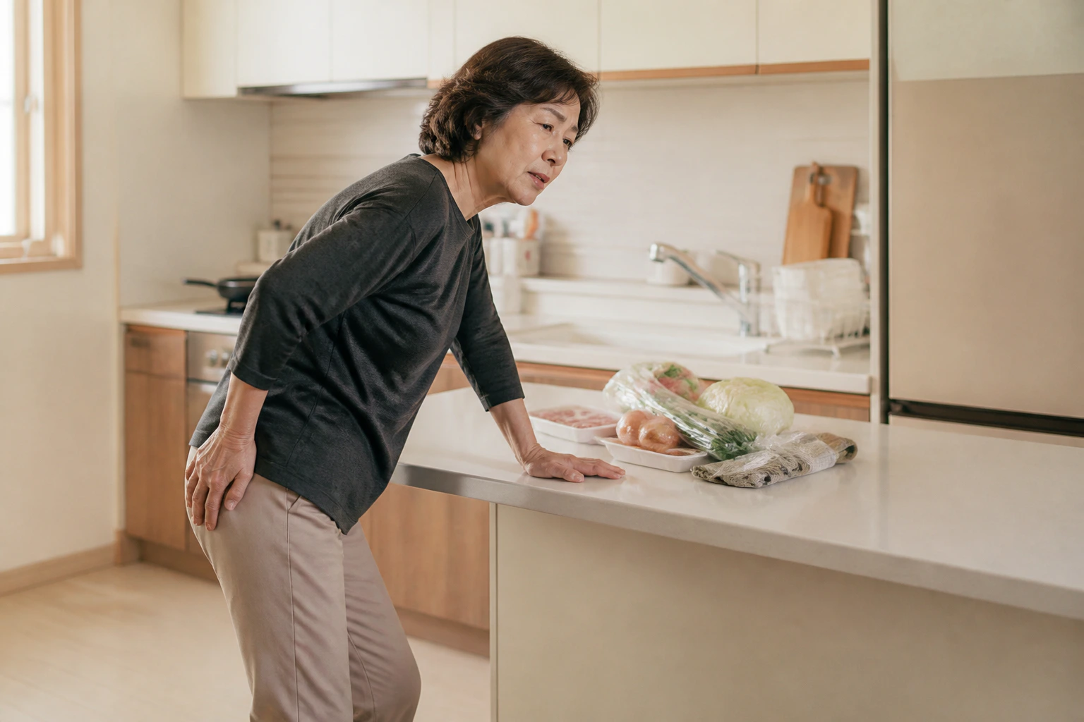 척추전방전위증으로 요리 중 오래 서 있다 허리가 아파 식탁을 짚는 환자