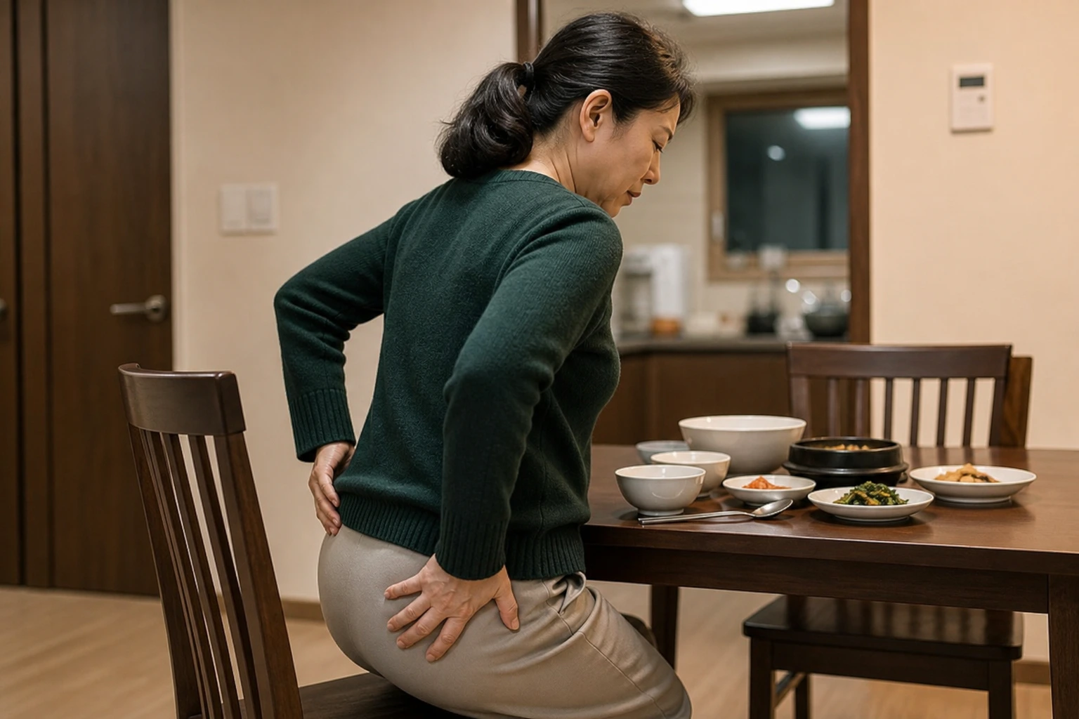 꼬리뼈통증으로 식탁 의자에서 일어서다 꼬리뼈가 아파 멈춘 환자