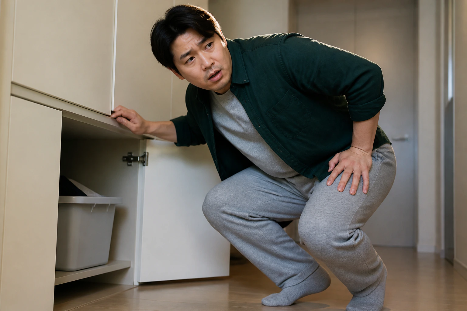 고관절충돌증후군으로 낮은 찬장 앞에 쪼그려 앉다 사타구니가 아파 멈춘 환자