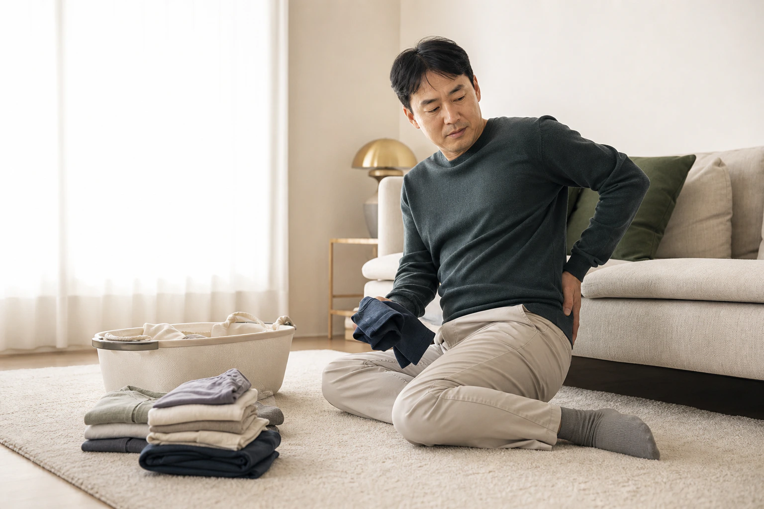 이상근증후군으로 빨래를 정리하다 엉덩이와 다리가 저려 바닥에 앉은 환자