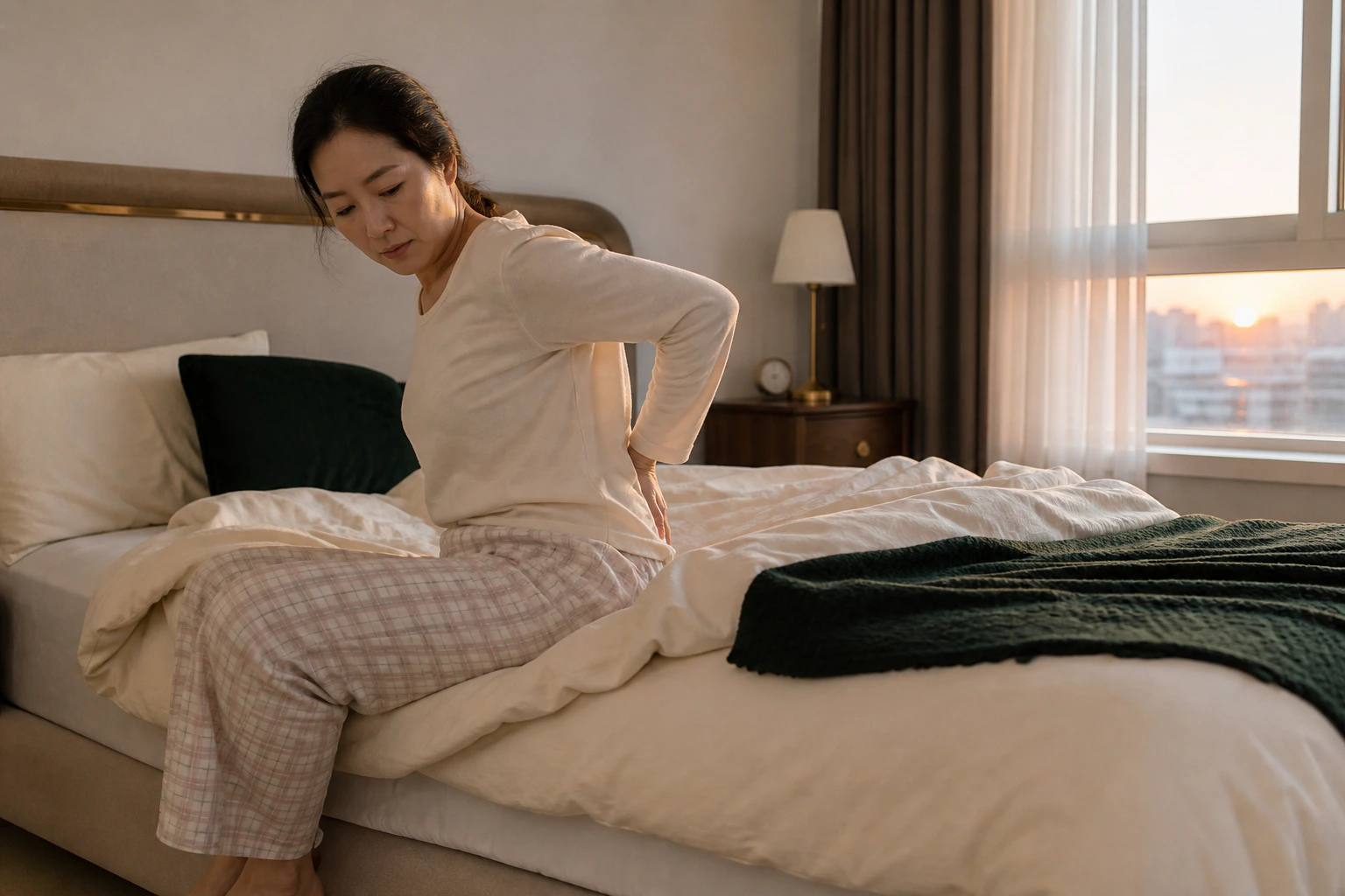 천장관절증후군으로 아침에 침대에서 일어서다 한쪽 골반이 아파 멈춘 환자