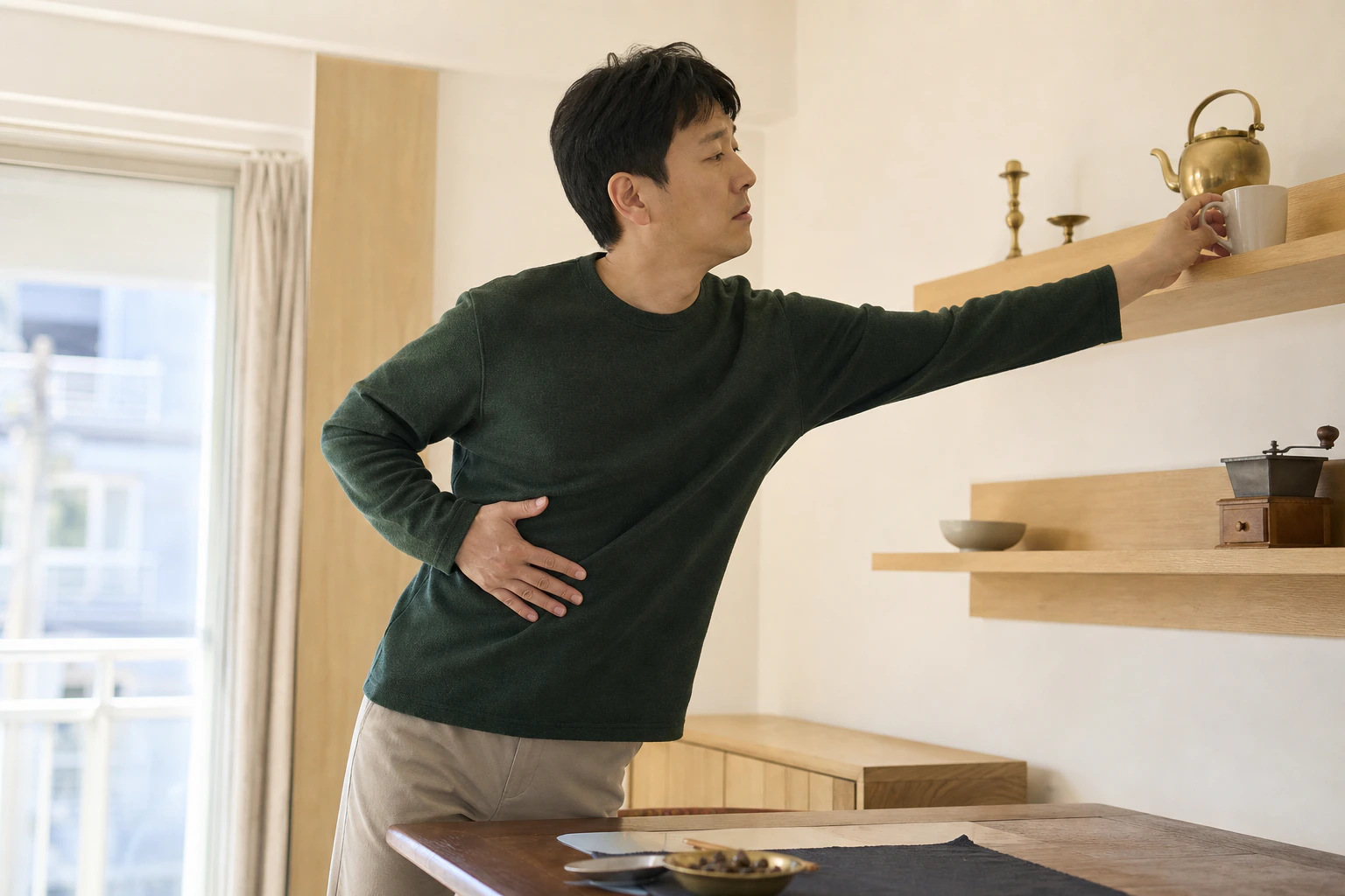 늑간근통증으로 주방 선반에 손을 뻗다 옆구리가 아파 멈춘 환자