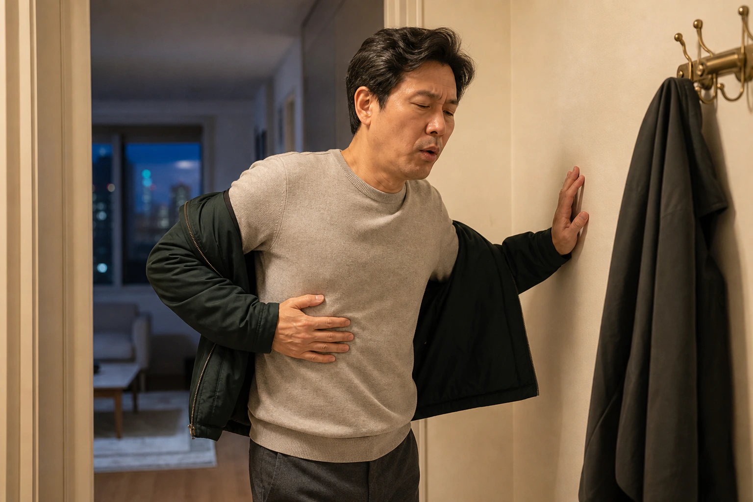 갈비뼈 골절 후 통증으로 외출 전 재킷을 입다 옆가슴이 아파 멈춘 환자
