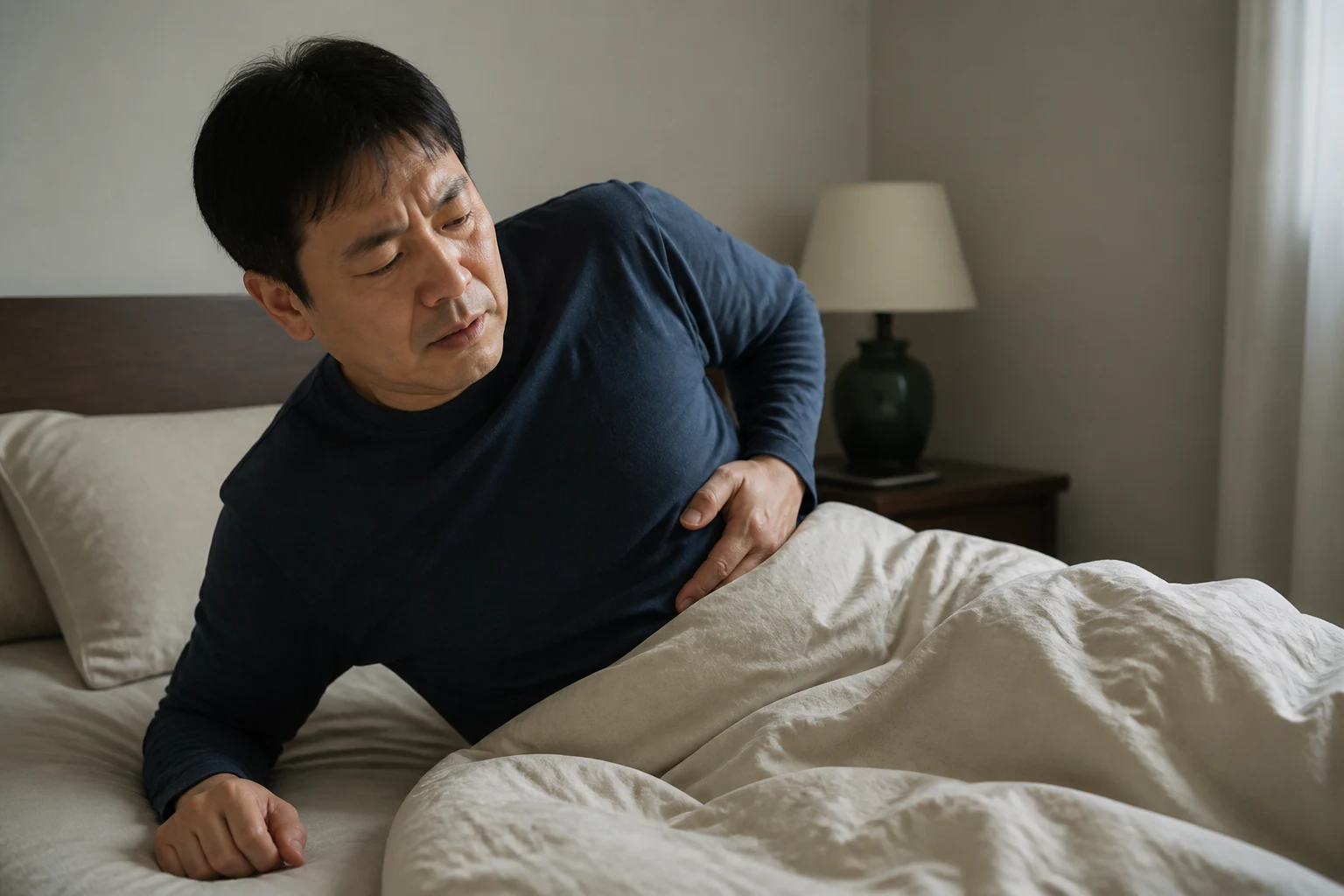 늑골염좌로 밤잠 중 몸을 돌리다 갈비뼈가 아파 움직임을 멈춘 환자