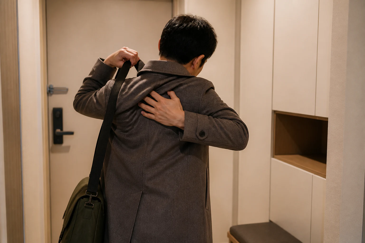 능형근통증으로 퇴근 후 어깨 가방을 벗다 견갑골 안쪽이 아파 멈춘 환자