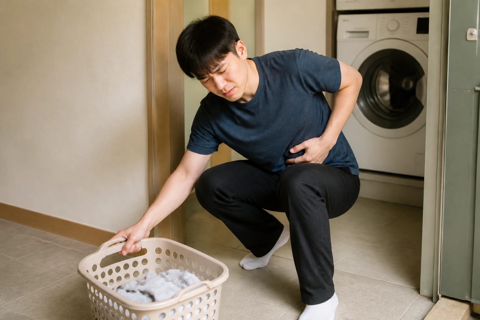 측복부 근막통증으로 빨래 바구니를 들다 옆배가 아파 바닥에 앉은 환자