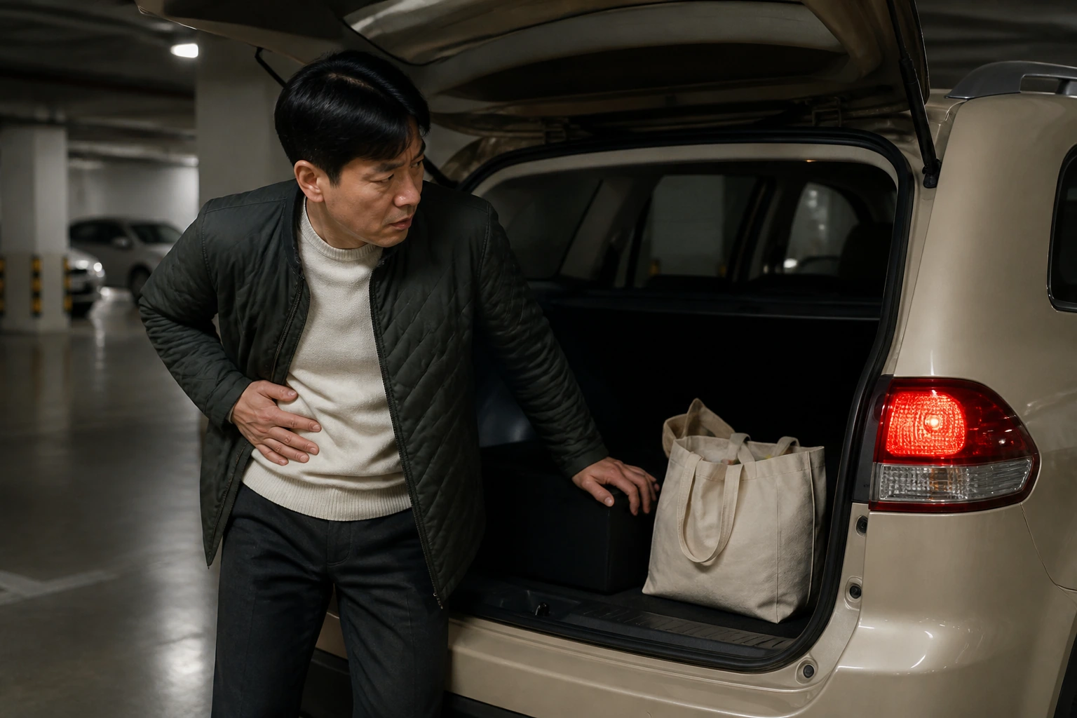 옆구리 통증으로 자동차 트렁크에 장바구니를 넣다 옆구리가 아파 멈춘 환자