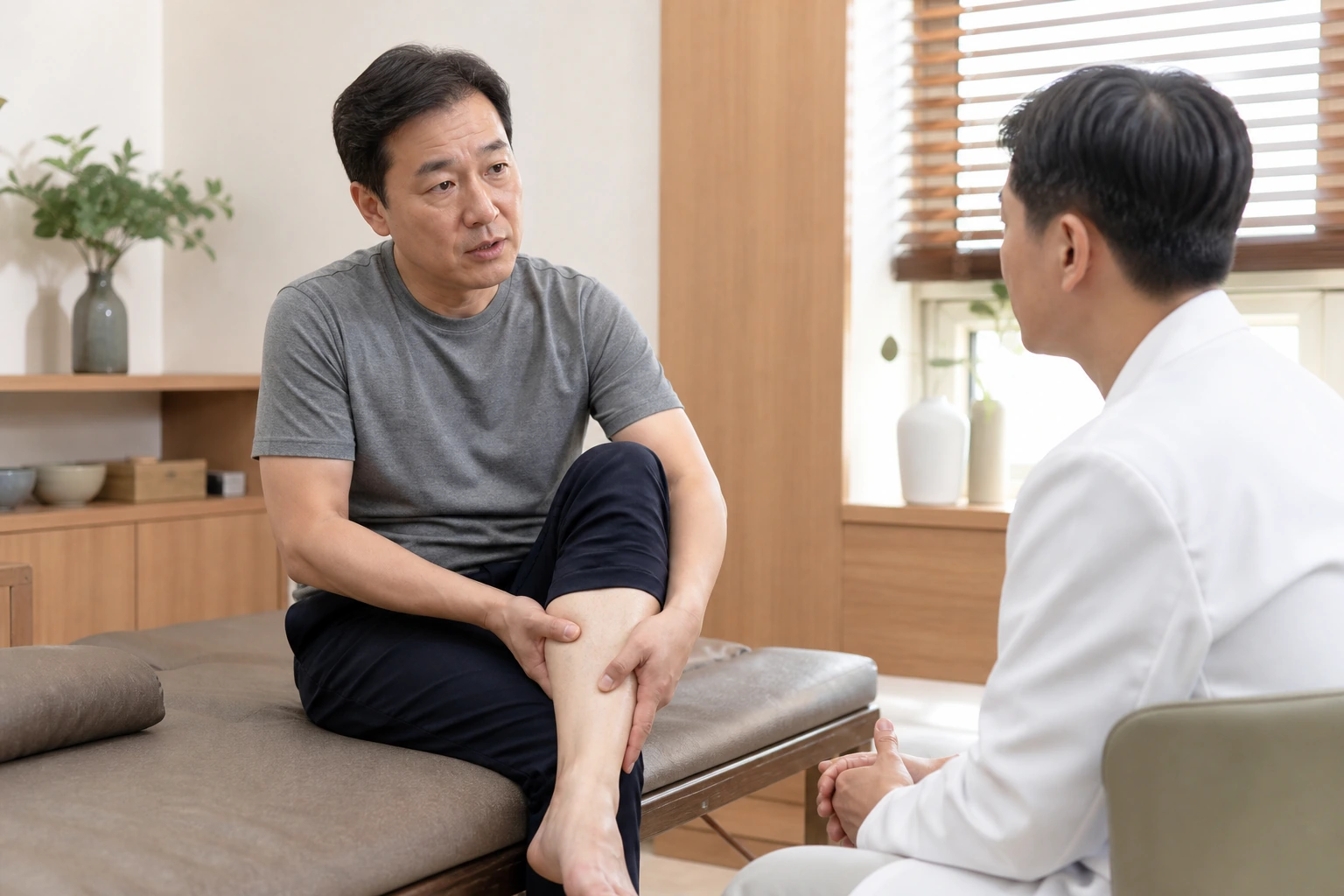 하지불안증후군으로 겪는 불편을 상담하는 환자와 의료진