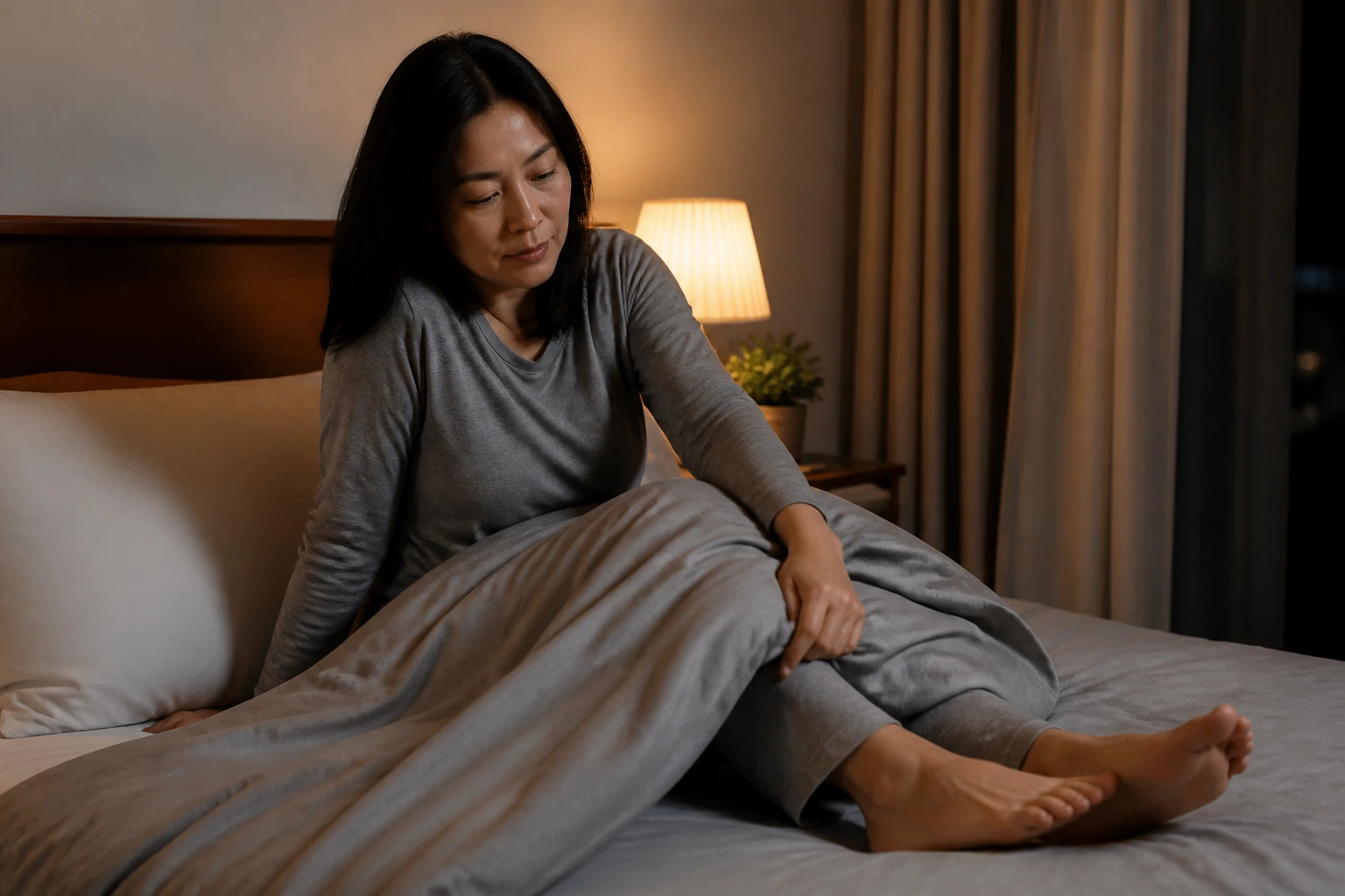 밤의 침대에 앉아 이불을 걷고 한쪽 종아리 부근을 손으로 가리키는 여성