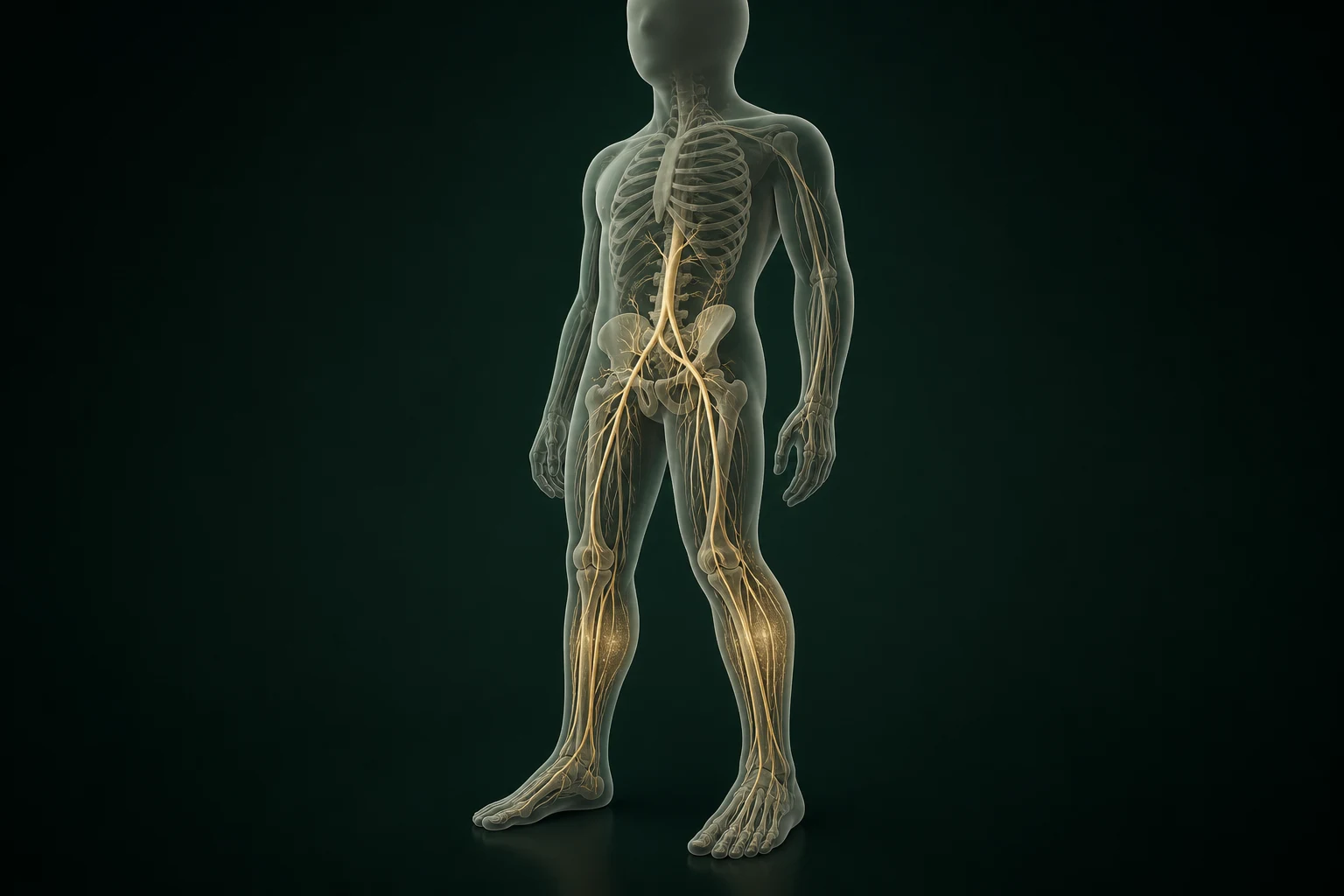 하지불안증후군 물질의 흐름을 익명 반투명 인체와 절제된 금빛 경로로 보여 주는 이미지