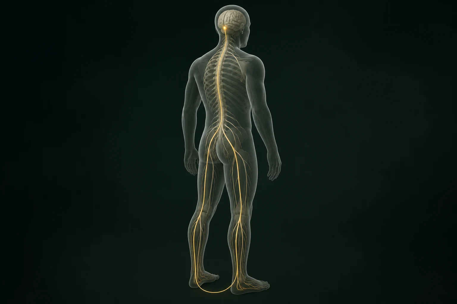 하지불안증후군 신호의 흐름을 익명 반투명 인체와 절제된 금빛 경로로 보여 주는 이미지