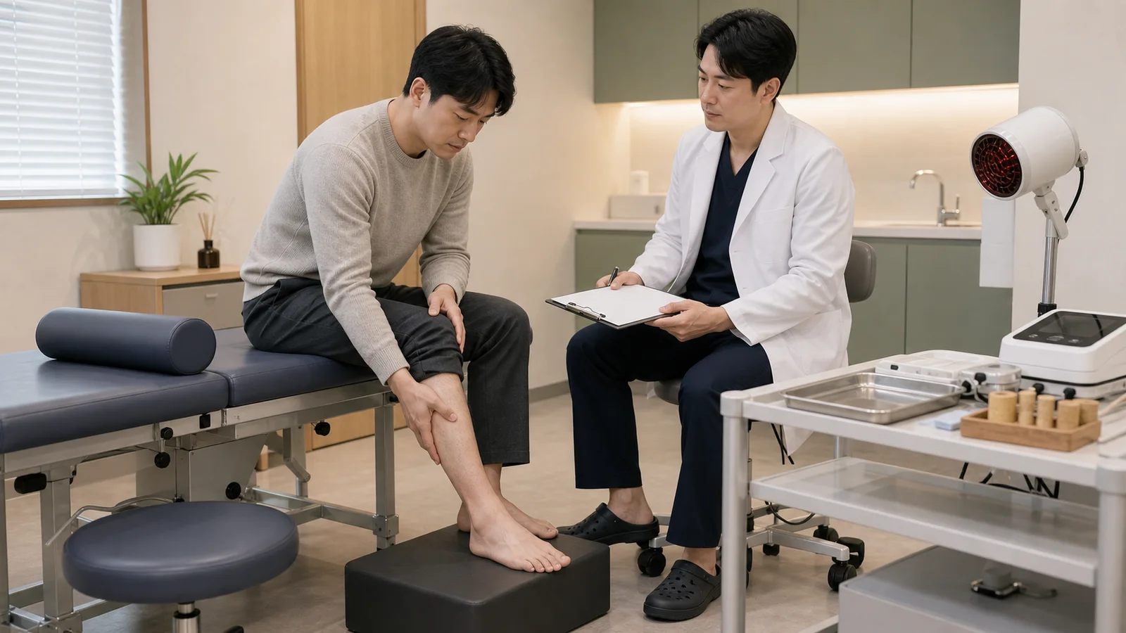 한국인 하지불안증후군 환자가 진료실에서 종아리 불편을 짚고 한국인 의료진과 상담하는 사진