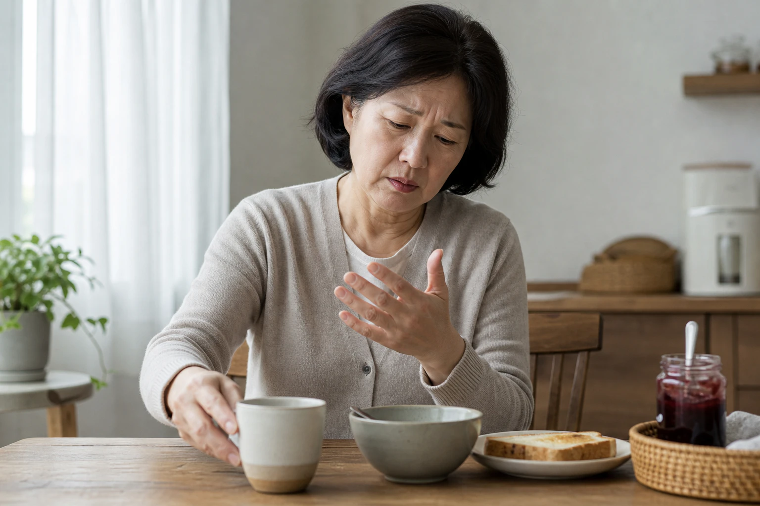 아침에 양손 관절이 뻣뻣하고 아파 식탁에서 컵을 들다 내려놓은 한국인 여성 한 명의 장면