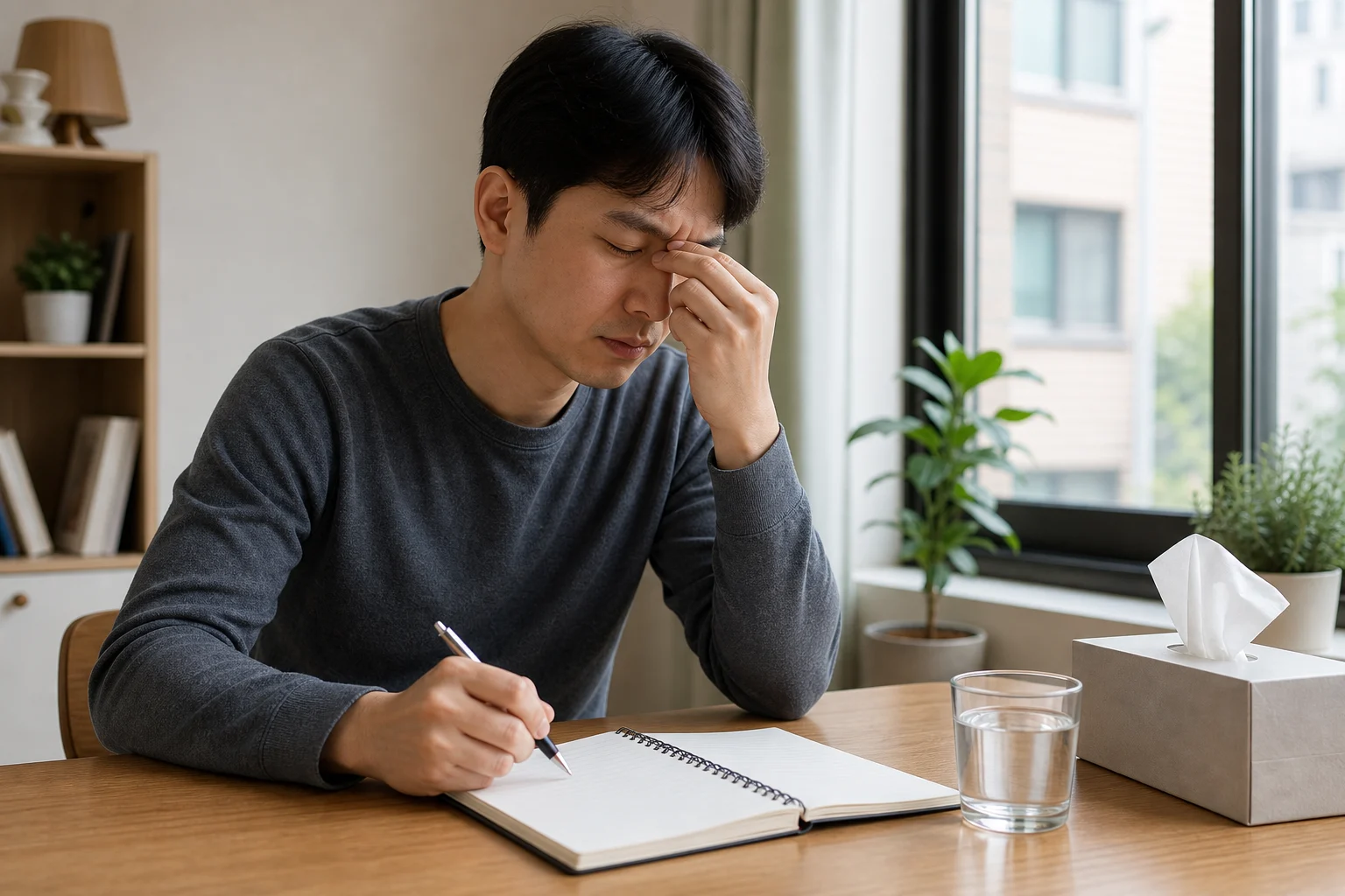 한국인 비염두통 환자가 창가 책상에서 두통과 코막힘 반복 시간을 빈 노트에 기록하는 장면