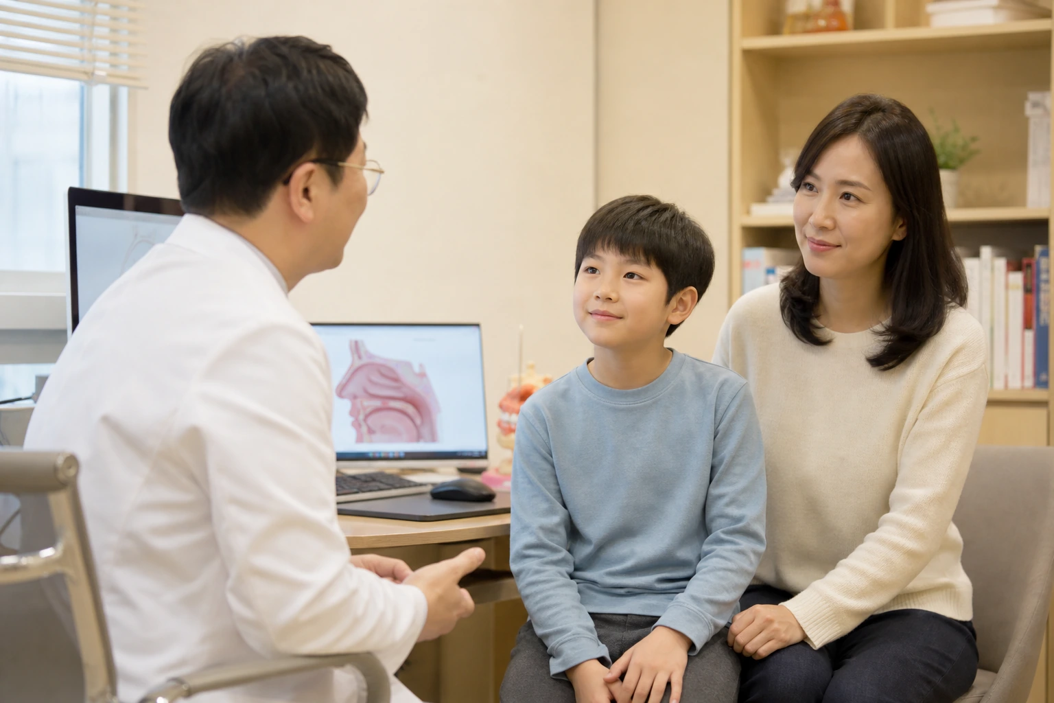 소아비염으로 겪는 불편을 상담하는 환자와 의료진