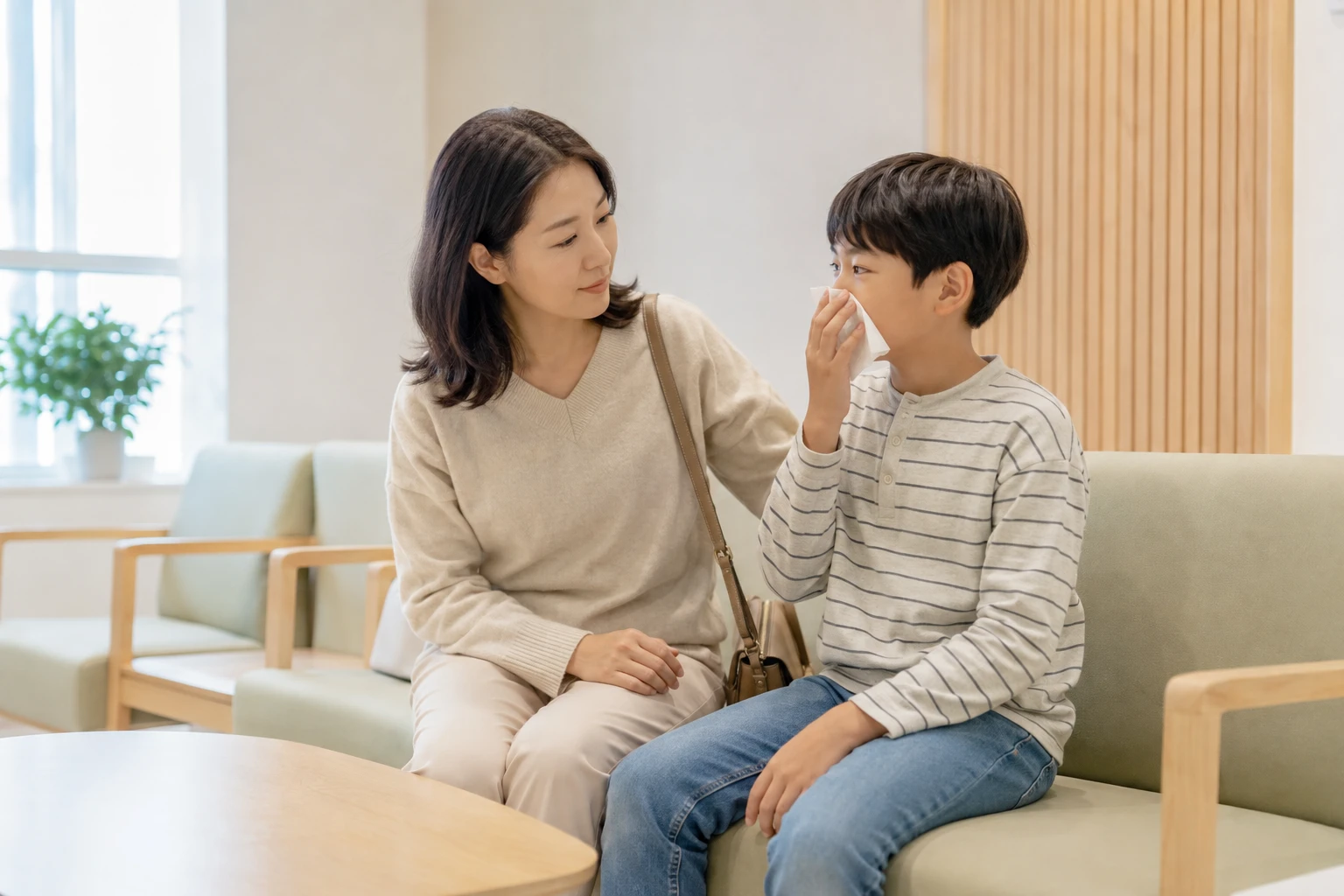 코막힘으로 티슈를 든 아이를 보호자가 살피며 진료를 기다리는 장면