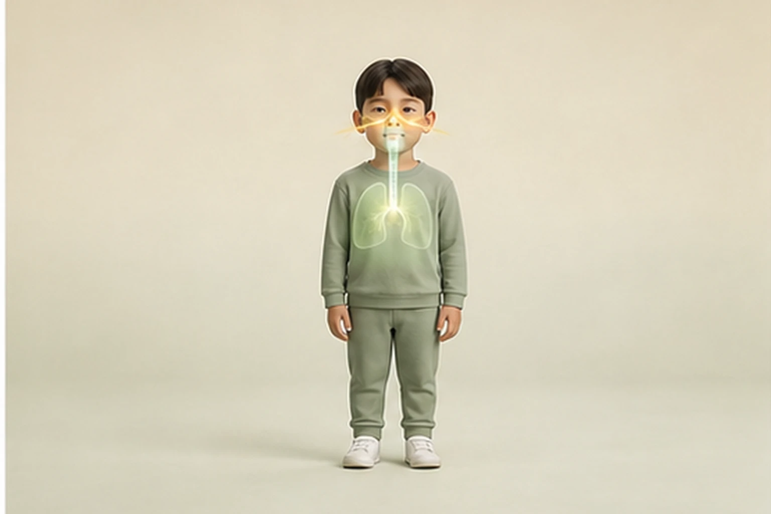 소아비염과 관련된 신체 부위를 머리부터 발끝까지 온전히 보이는 아이 위에 밝고 친근하게 보여 주는 소아 서양의학 교육 이미지